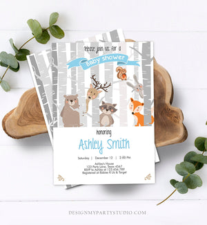 Editable Woodland Baby shower invitation Boy Baby Shower Blue Forest Animals Cute Animals Fox Invite Template Download Digital Corjl 0010