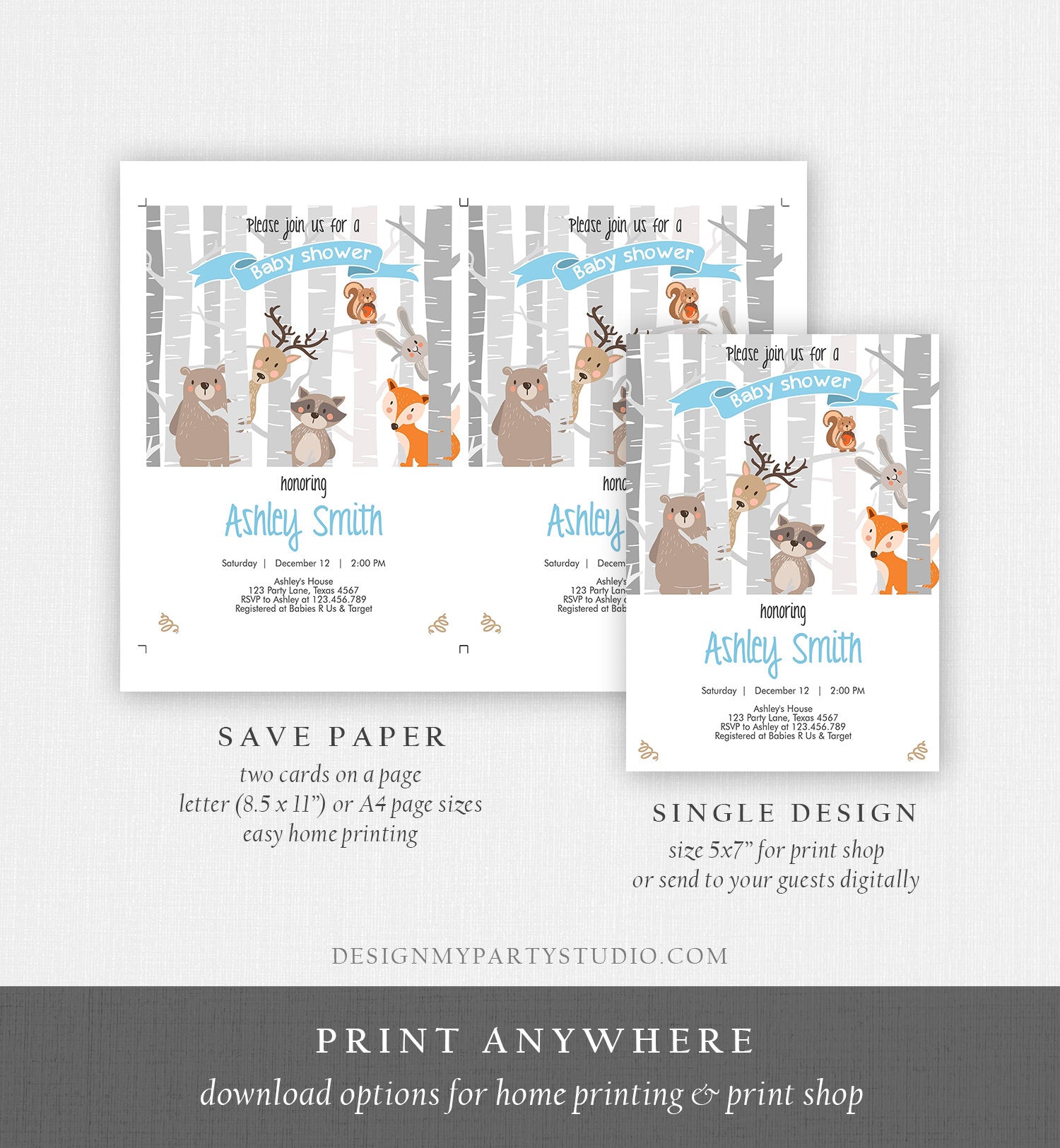 Editable Woodland Baby shower invitation Boy Baby Shower Blue Forest Animals Cute Animals Fox Invite Template Download Digital Corjl 0010