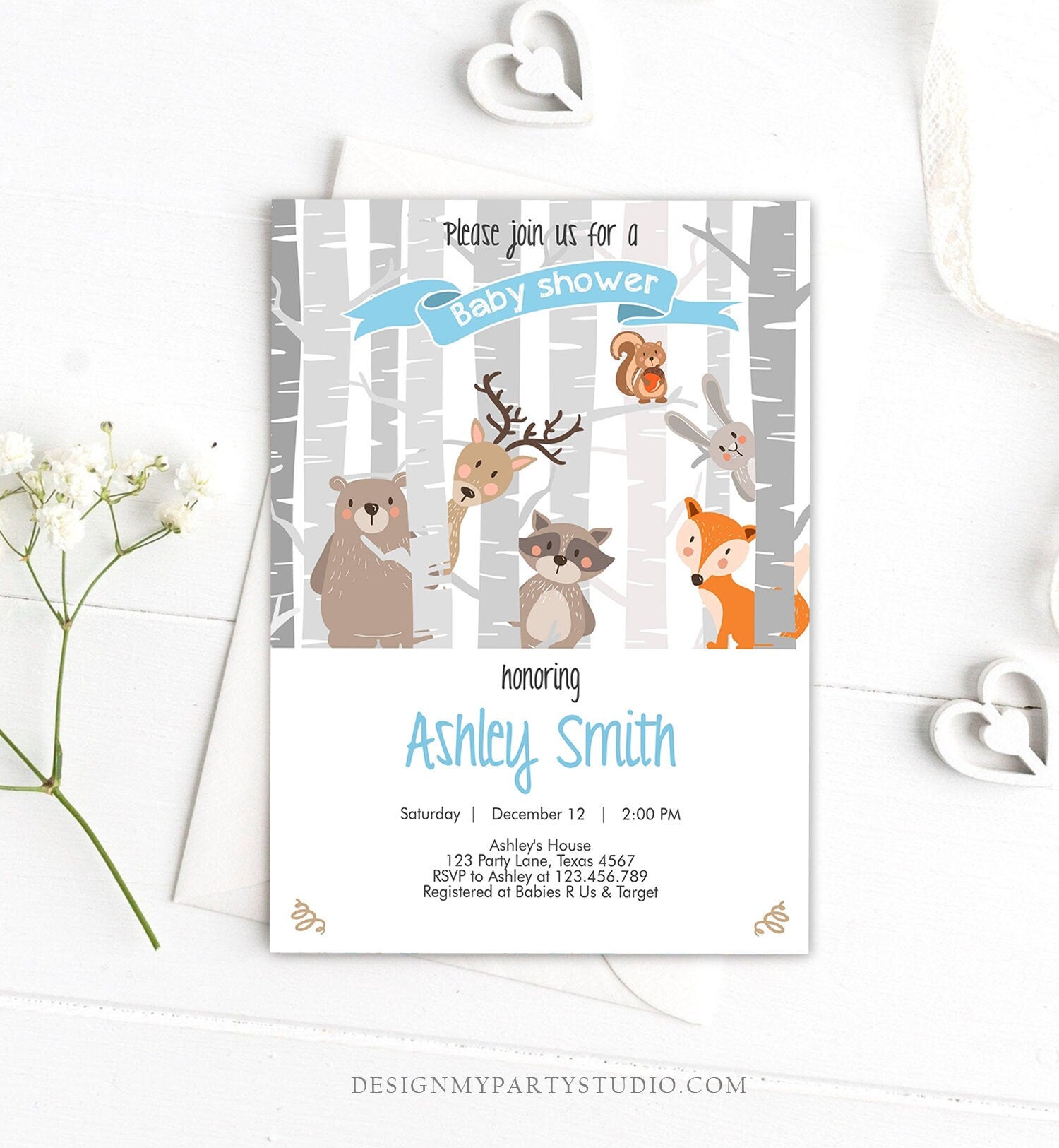 Editable Woodland Baby shower invitation Boy Baby Shower Blue Forest Animals Cute Animals Fox Invite Template Download Digital Corjl 0010