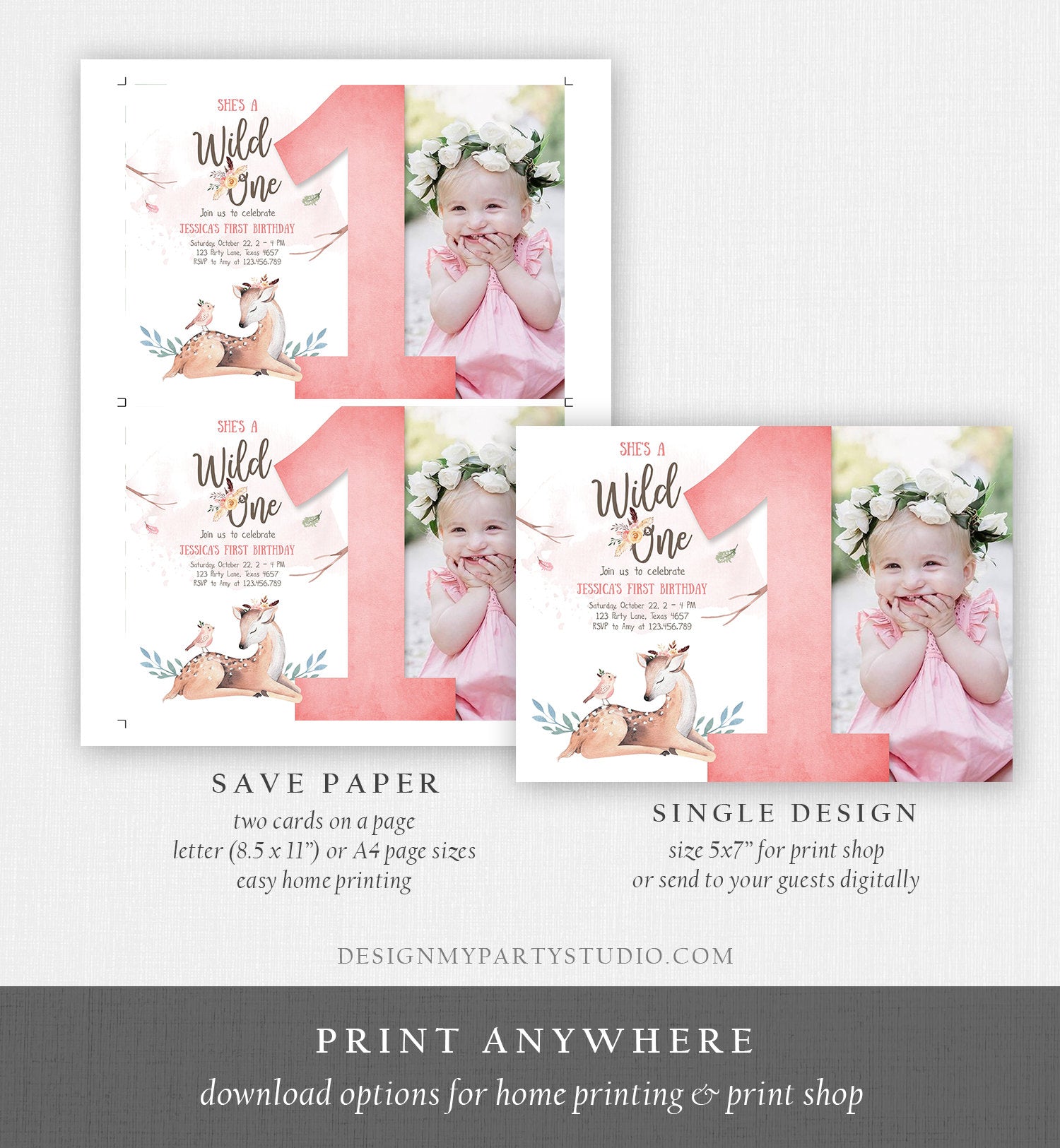 Editable Birthday Invitation Wild One Girl Invite Tribal Boho Arrow Feathers Deer Woodland Pink Download Printable Template Corjl 0192