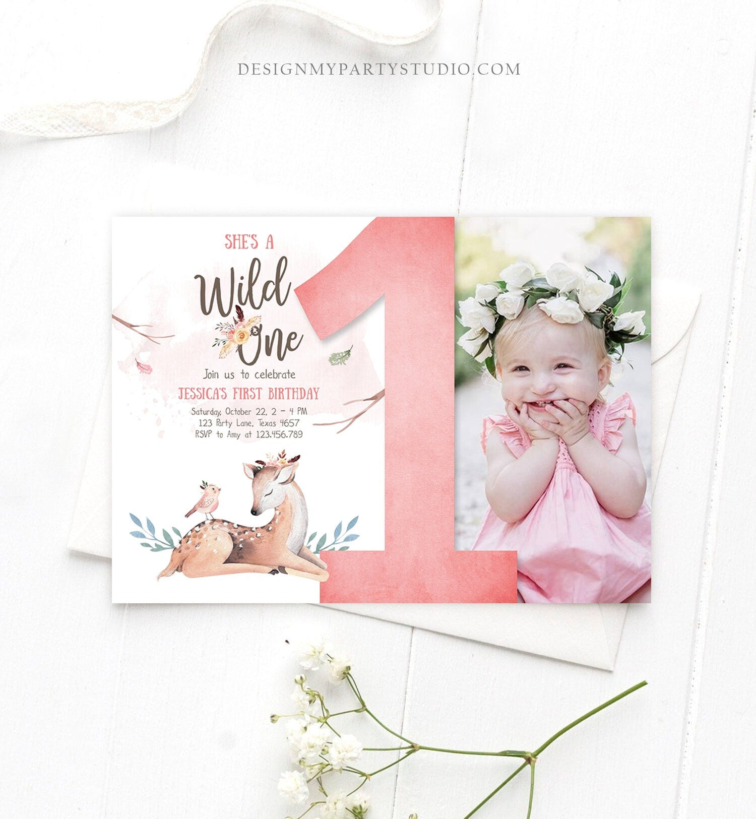 Editable Birthday Invitation Wild One Girl Invite Tribal Boho Arrow Feathers Deer Woodland Pink Download Printable Template Corjl 0192