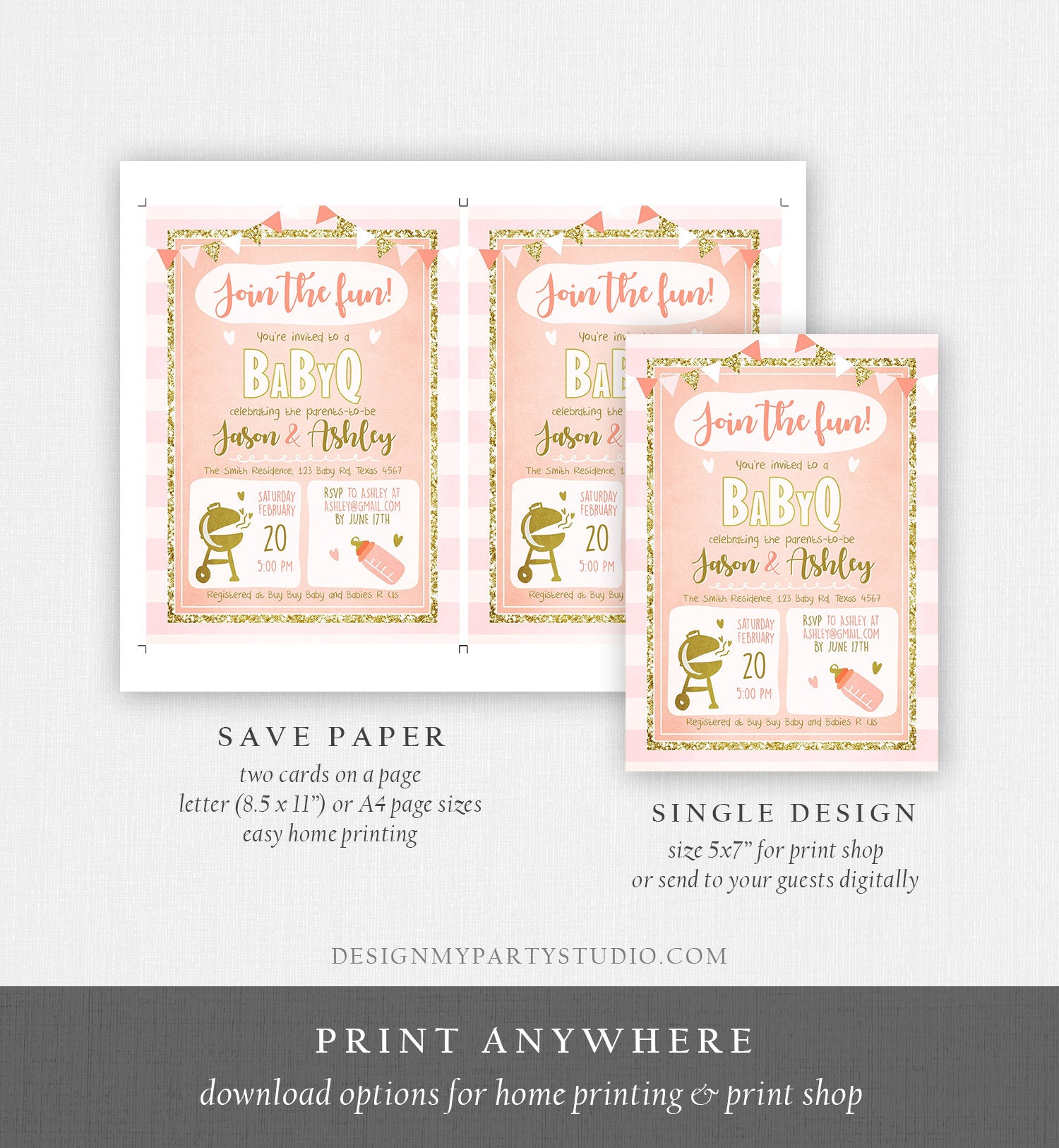 Editable BabyQ Invitation Baby Shower Coed Shower BBQ Pink Gold Barbecue Party Girl Baby Shower Download Printable Template Corjl 0242