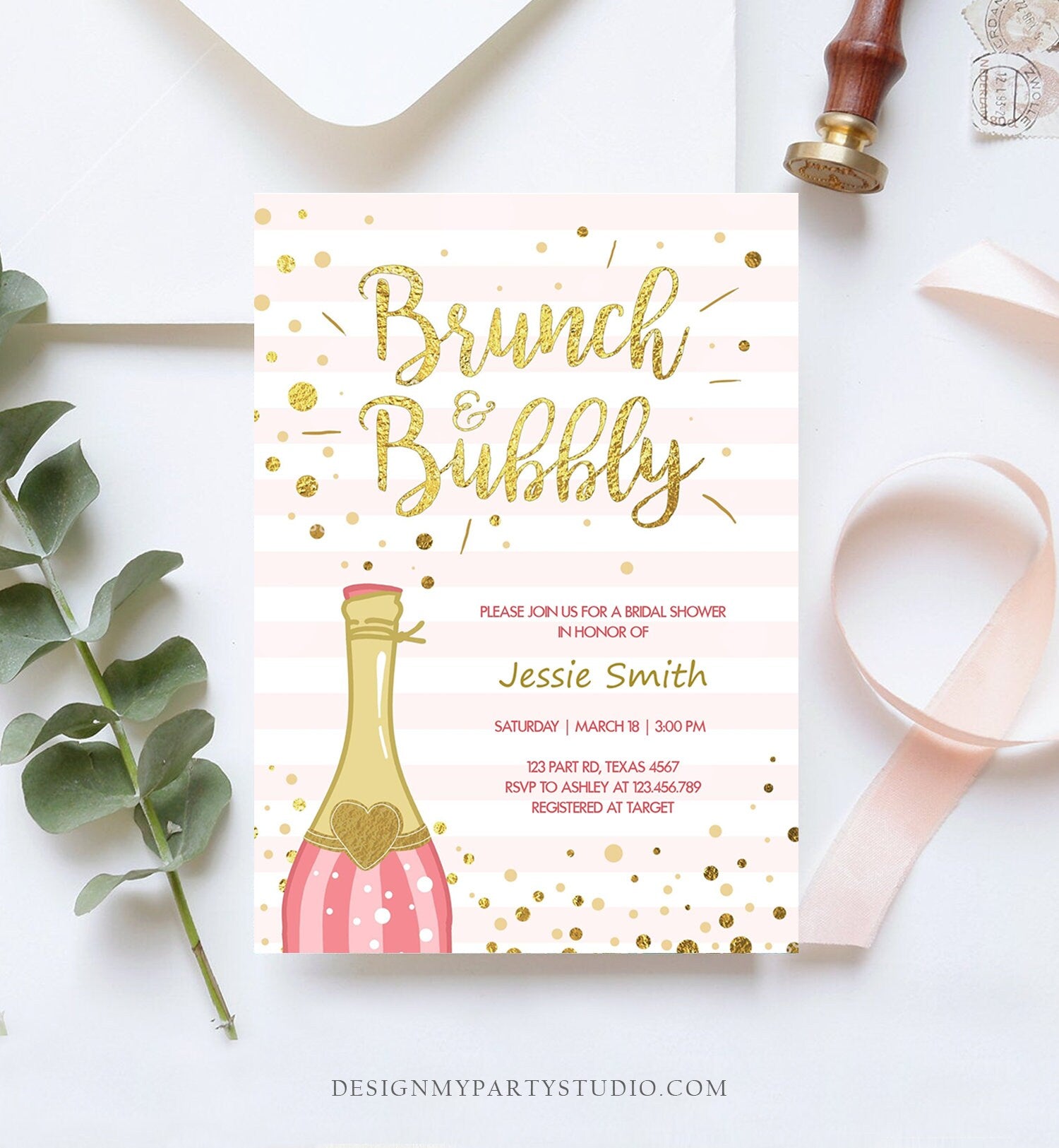 Editable Brunch and Bubbly Bridal Shower Invitation Champagne Bottle Pink and Gold Wedding Download Printable Template Digital Corjl 0051