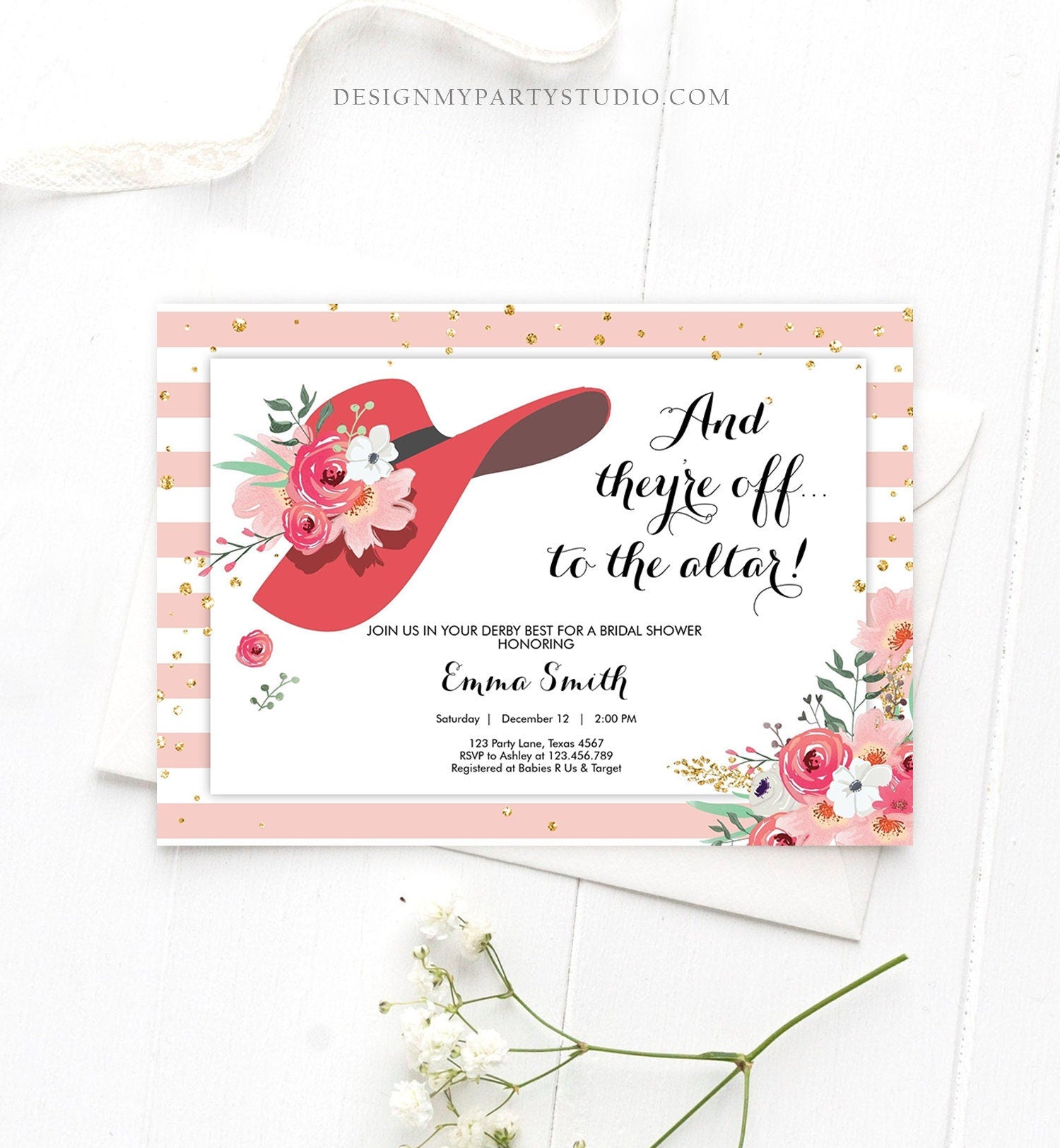 Editable Bridal Shower Invitation Derby Wear a Hat Horse races Floral Flowers Gold Rose Blush Pink Download Printable Template Corjl 0249