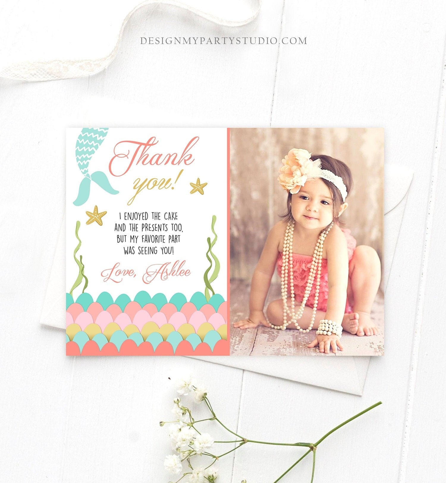 Editable Mermaid Thank you Card Coral Mint Gold Under The Sea Thank you Note Birthday Girl Download Printable Template Corjl Digital 0021