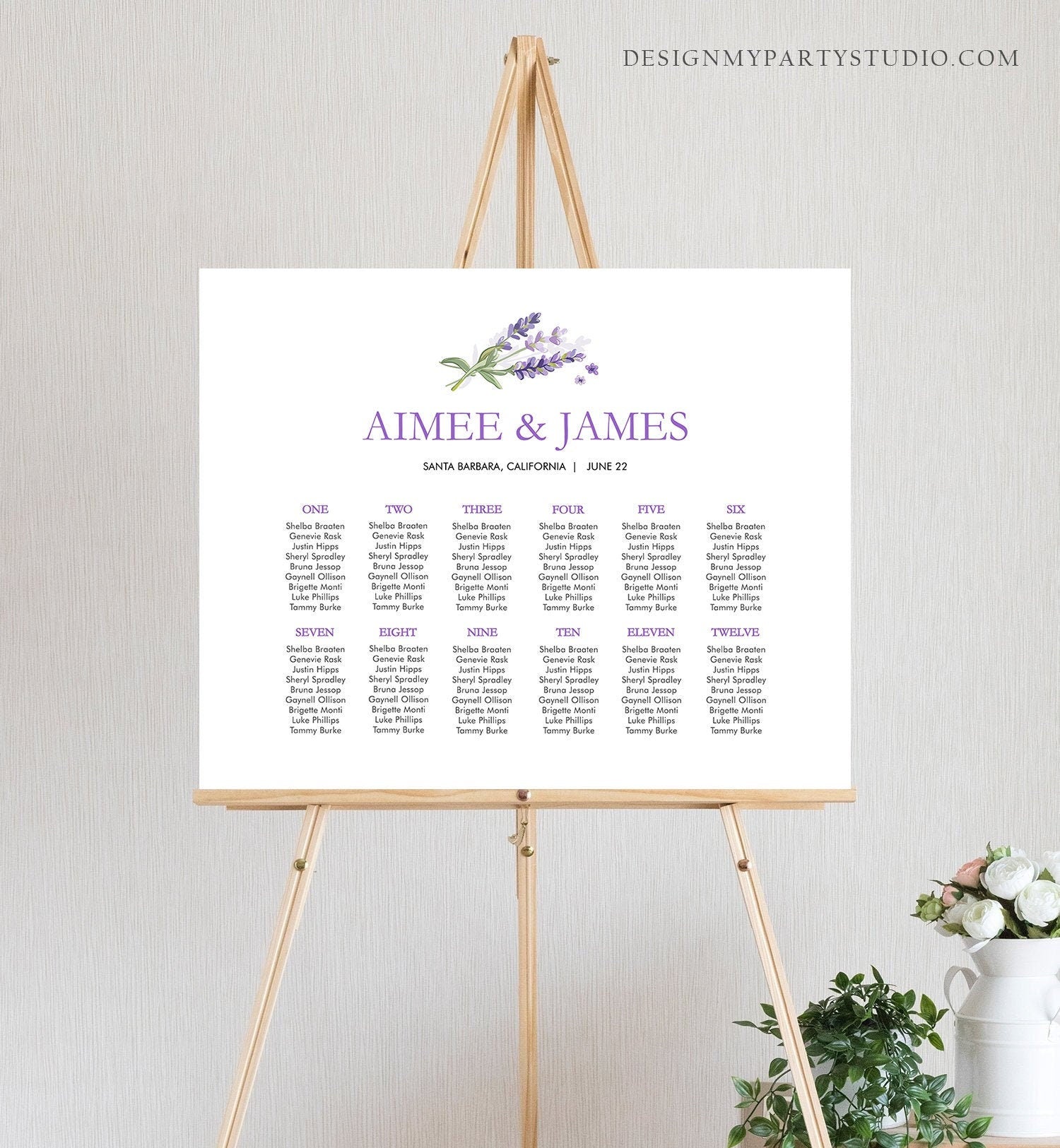 Editable Lavender Seating Chart Wedding Seating Sign Greenery Bridal Shower Foliage Table Sign Download Corjl Template Printable 0206