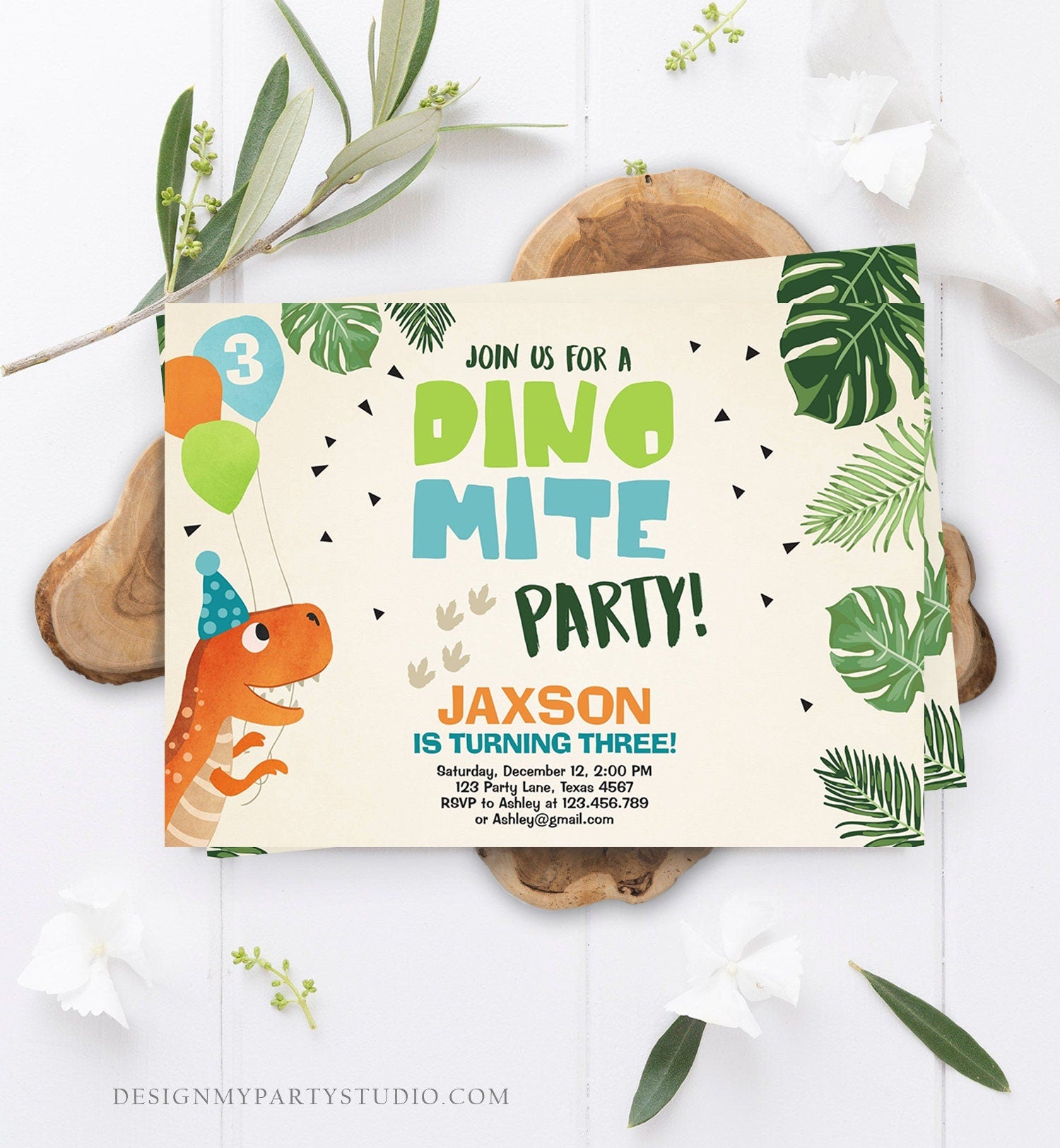 Editable Dinosaur Birthday Invitation Dino mite T-Rex Dig Party Prehistoric Boy Dino Fossil Download Printable Invite Template Corjl 0074