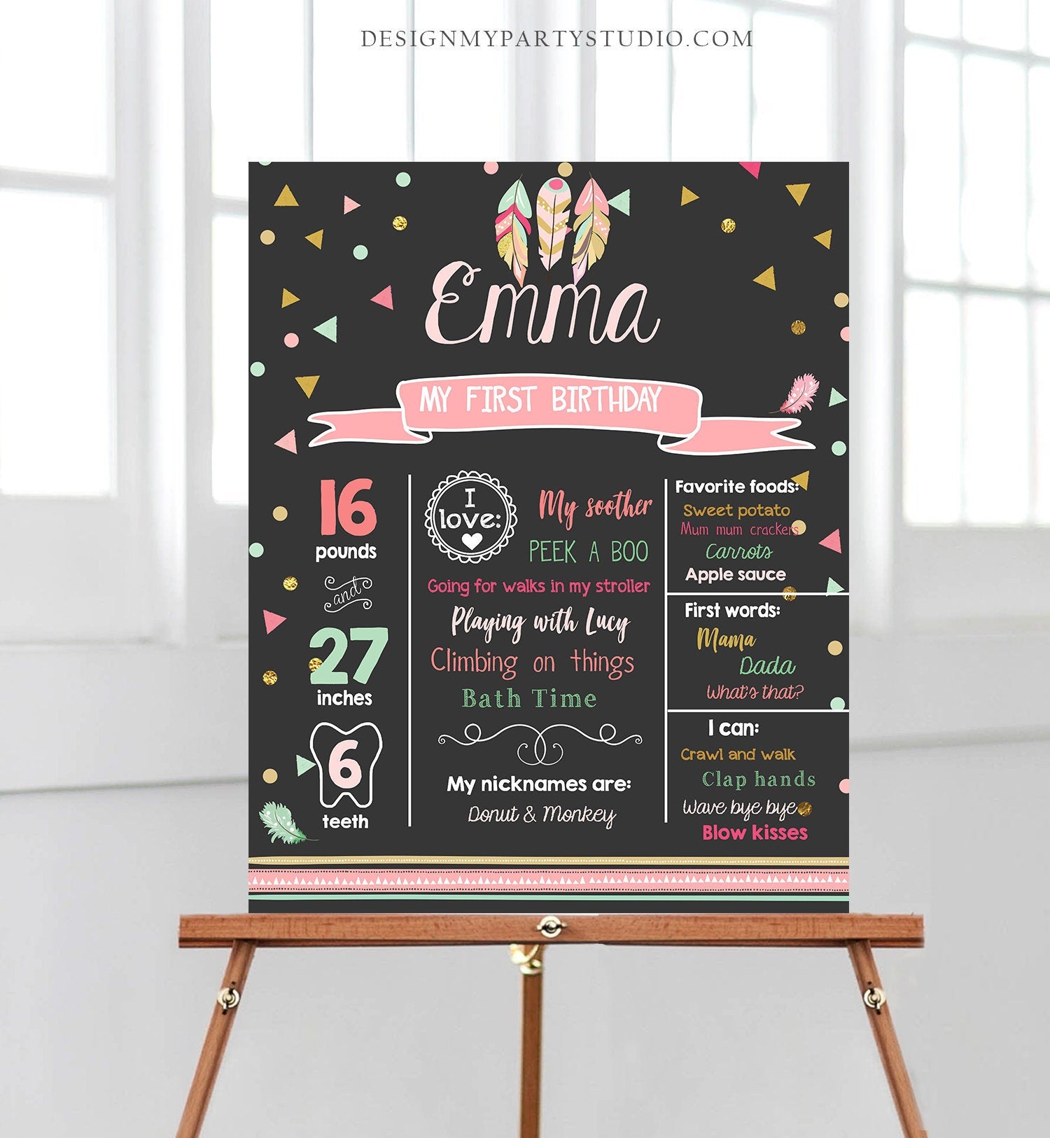 Editable Wild One Birthday Milestones Sign Boho Tribal Feathers First Birthday 1st Birthday Girl Pink Download Corjl Template Printable 0073