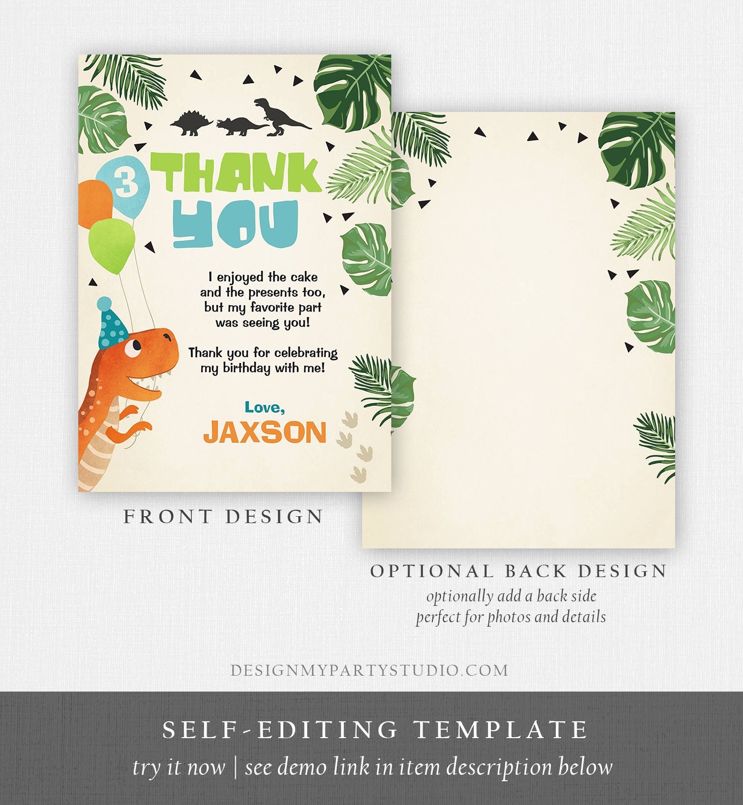 Editable Dinosaur Thank you Card Dino Birthday Dino Mite Prehistoric T-Rex ROAR Boy Dig Party Dino Dig Template Instant Download Corjl 0074