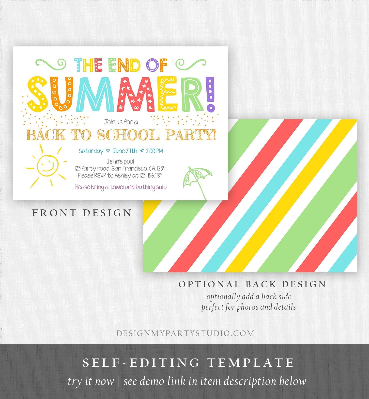 Editable End Of The Summer Pool Party Invitation Back to School Splish Splash Birthday Swimming Download Corjl Template Printable 0156