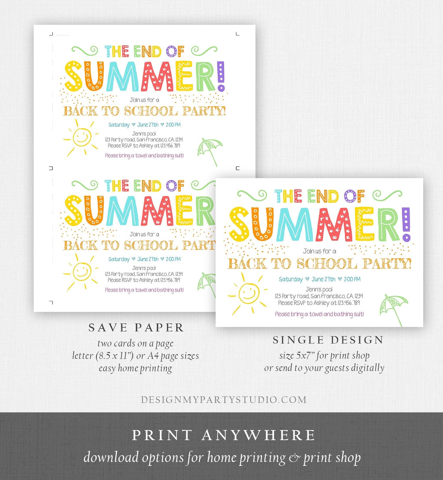 Editable End Of The Summer Pool Party Invitation Back to School Splish Splash Birthday Swimming Download Corjl Template Printable 0156