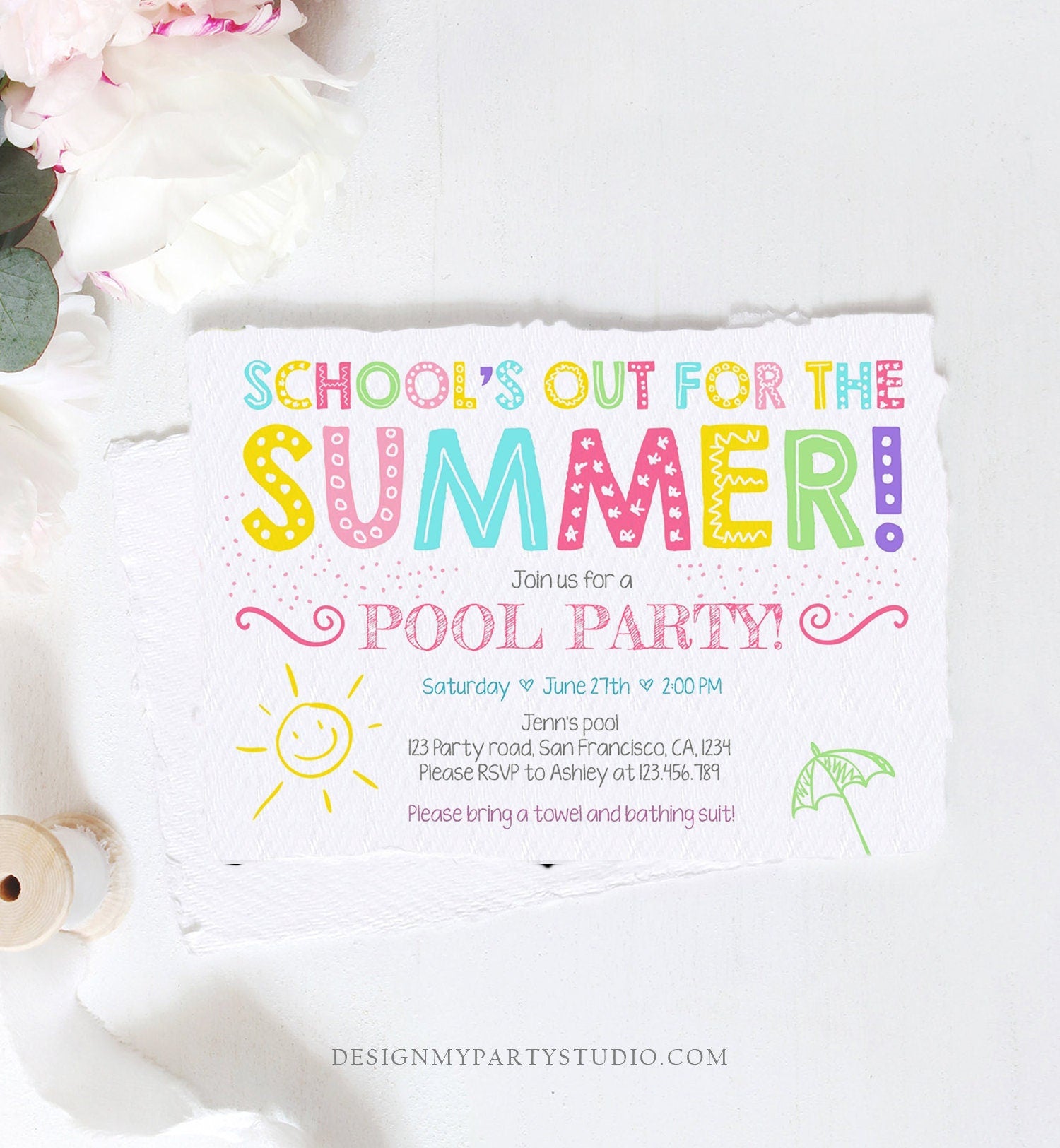 Editable School's Out For The Summer Pool Party Invitation Pink Girl Splish Splash Birthday Swimming Download Corjl Template Printable 0156