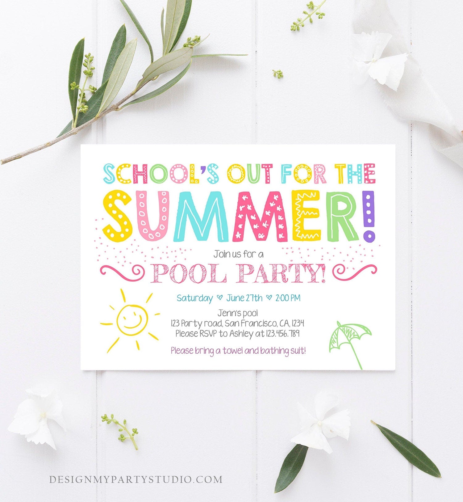 Editable School's Out For The Summer Pool Party Invitation Pink Girl Splish Splash Birthday Swimming Download Corjl Template Printable 0156