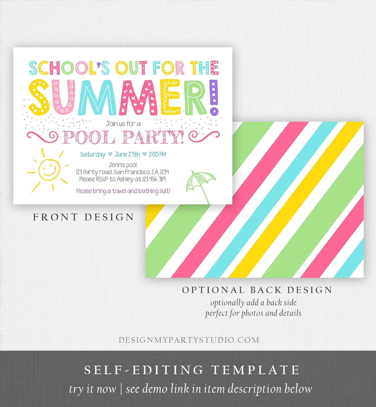 Editable School's Out For The Summer Pool Party Invitation Pink Girl Splish Splash Birthday Swimming Download Corjl Template Printable 0156