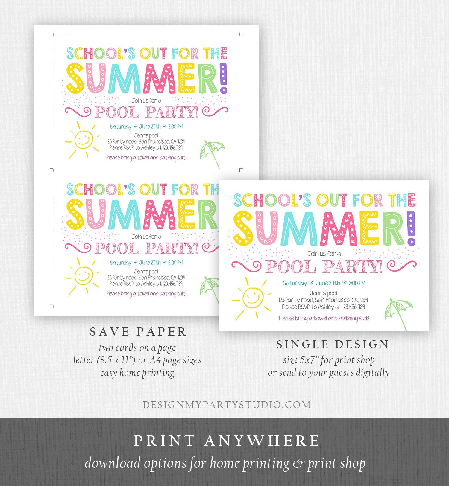 Editable School's Out For The Summer Pool Party Invitation Pink Girl Splish Splash Birthday Swimming Download Corjl Template Printable 0156