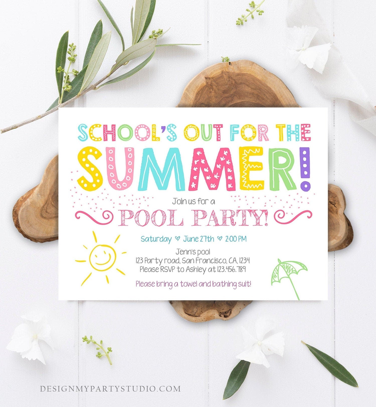 Editable School's Out For The Summer Pool Party Invitation Pink Girl Splish Splash Birthday Swimming Download Corjl Template Printable 0156