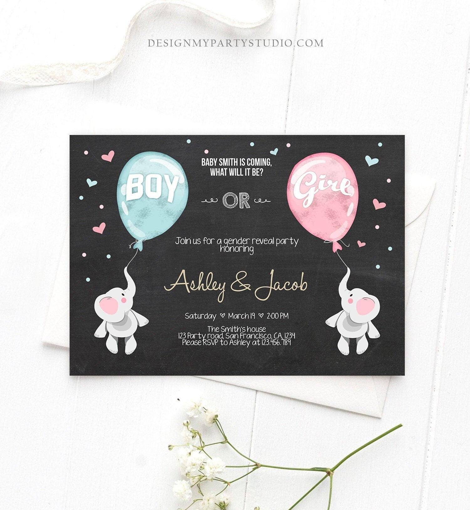 Editable Gender Reveal Invitation Elephants Boy or Girl Blue or Pink He or She Cute Elephant Hearts Download Printable Template Corjl 0037