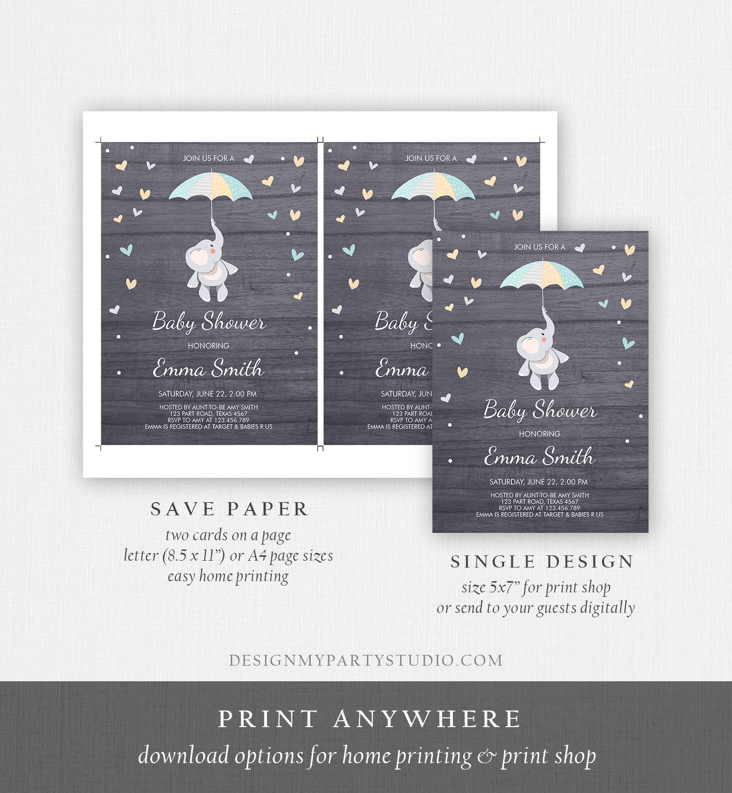 Editable Elephant Baby Shower Invitation Cute Boy Shower Invite Blue Little Peanut Umbrella Invitations Template Download Digital Corjl 0037