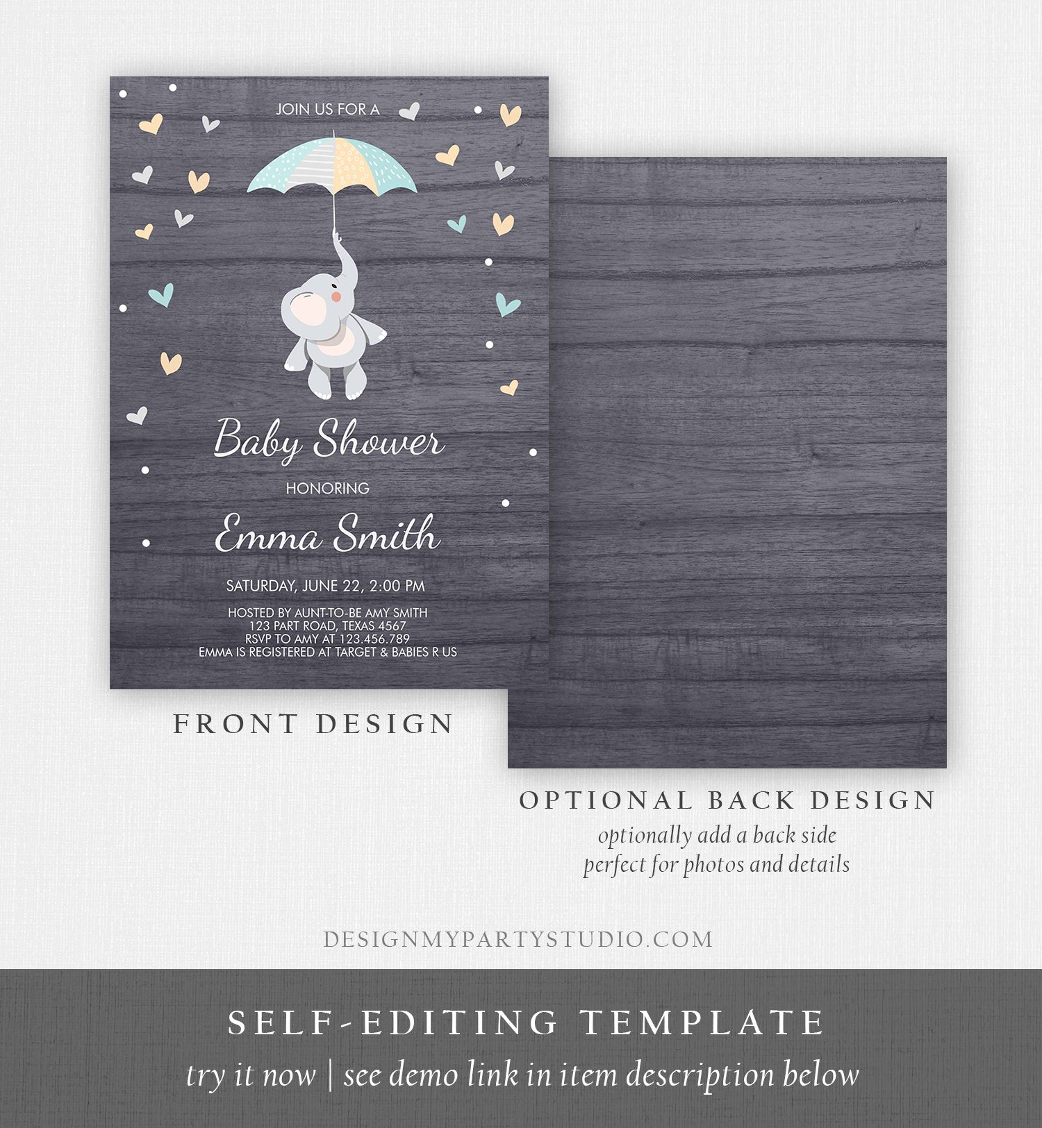 Editable Elephant Baby Shower Invitation Cute Boy Shower Invite Blue Little Peanut Umbrella Invitations Template Download Digital Corjl 0037