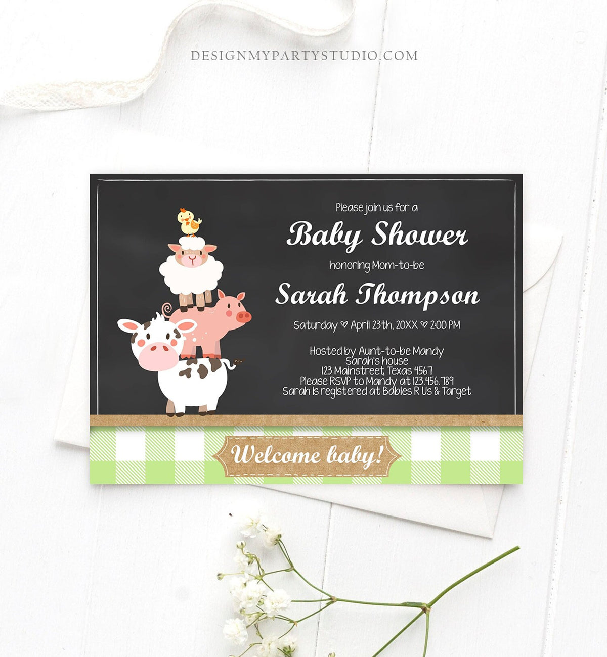 Editable Farm Baby Shower Invitation Barnyard Shower Farm Animals Green Gender Neutral Boy Download Printable Template Digital Corjl 0064