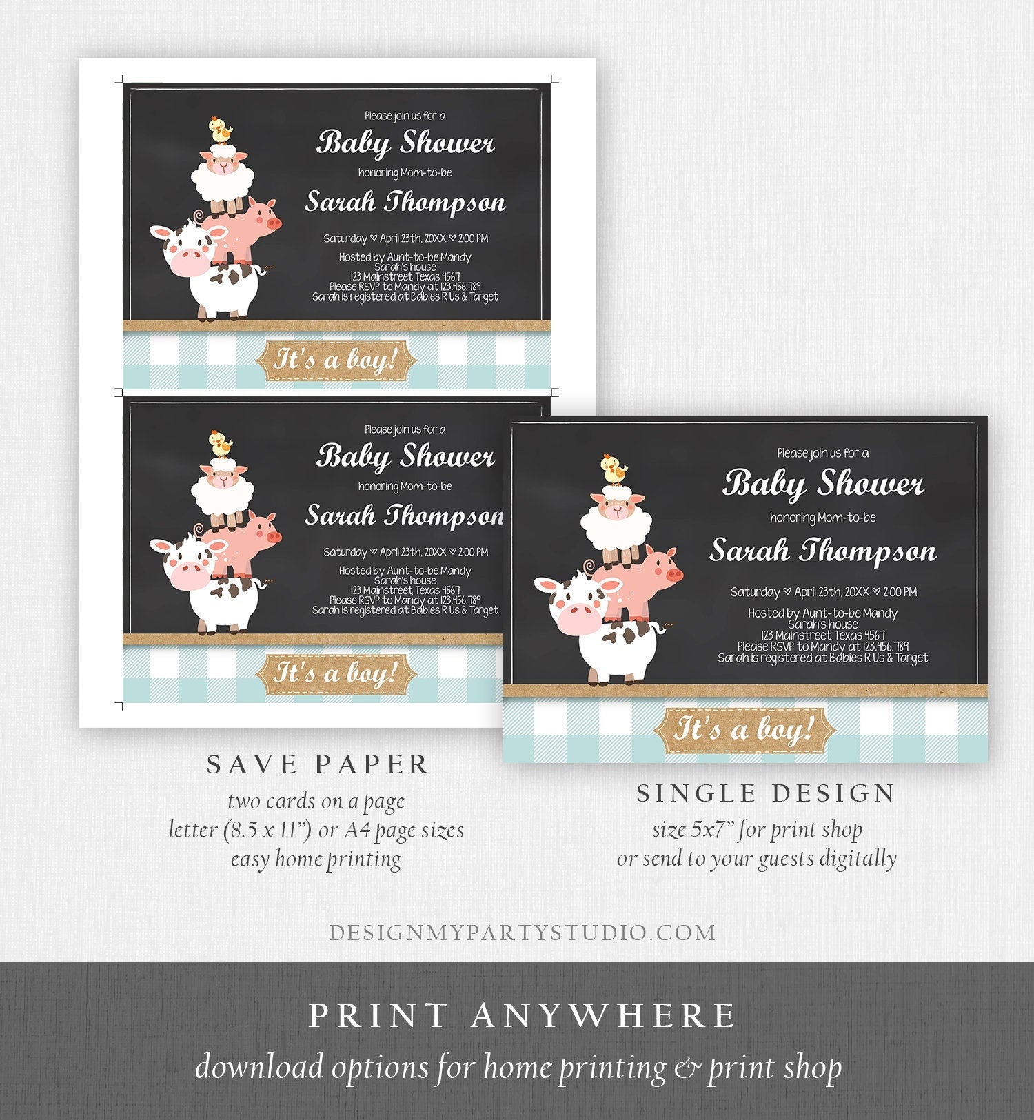 Editable Farm Baby Shower Invitation Barnyard Shower Farm Animals Boy Baby Shower Blue Download Printable Template Digital Corjl 0064