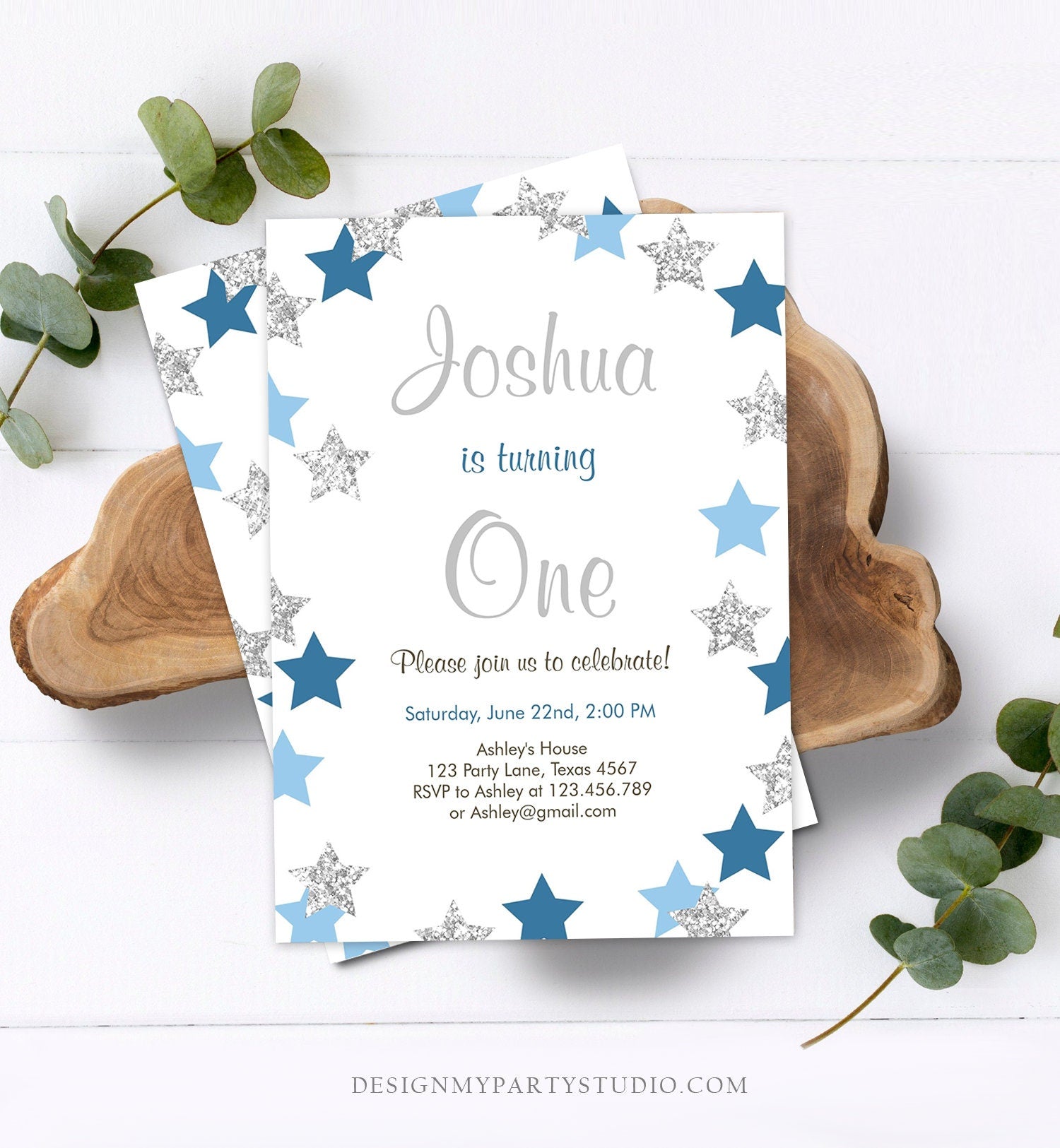 Editable Twinkle Twinkle Little Star Birthday Invitation Boy First Birthday Blue Silver Stars Download Printable Template Digital Corjl 0082