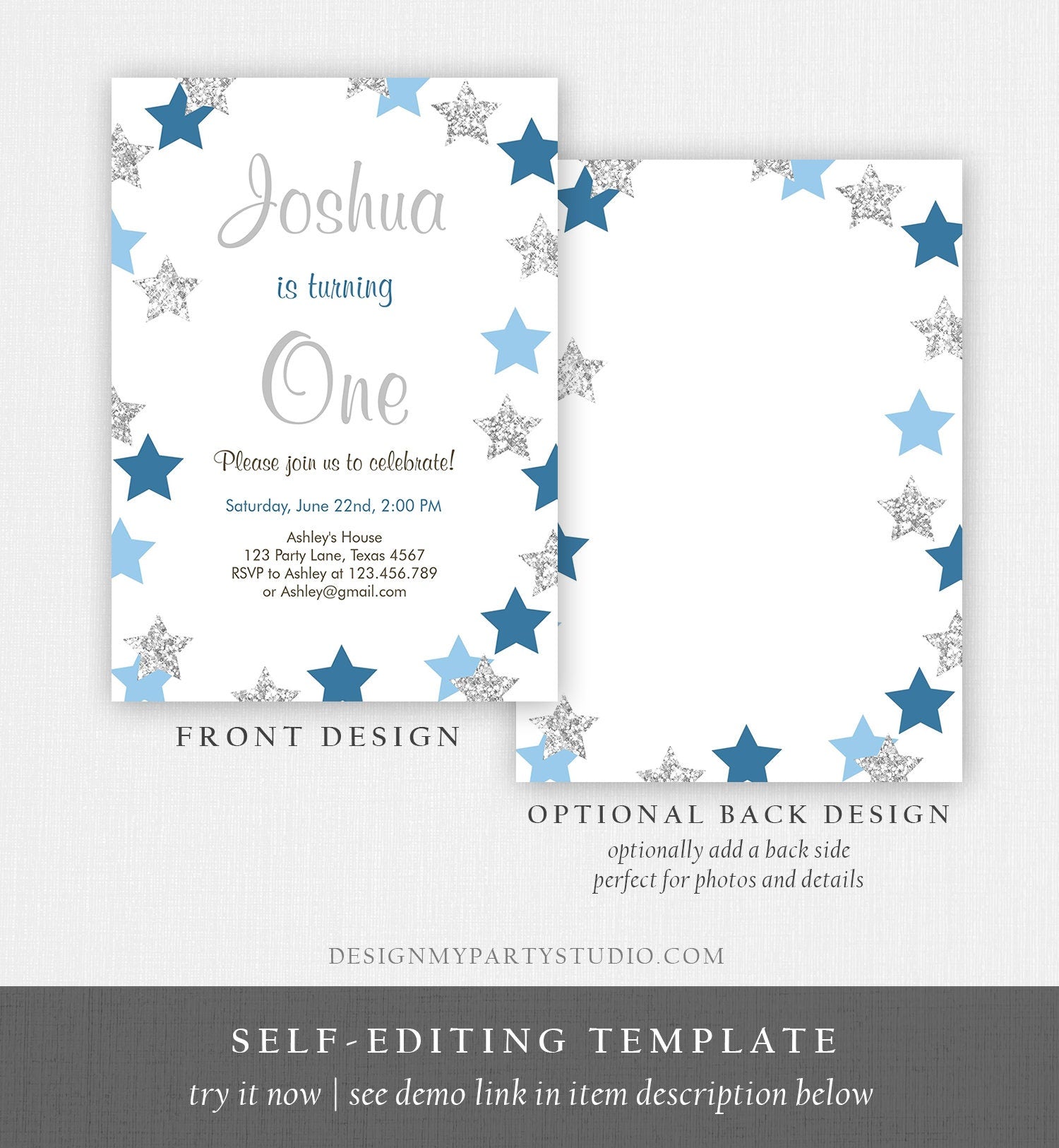 Editable Twinkle Twinkle Little Star Birthday Invitation Boy First Birthday Blue Silver Stars Download Printable Template Digital Corjl 0082