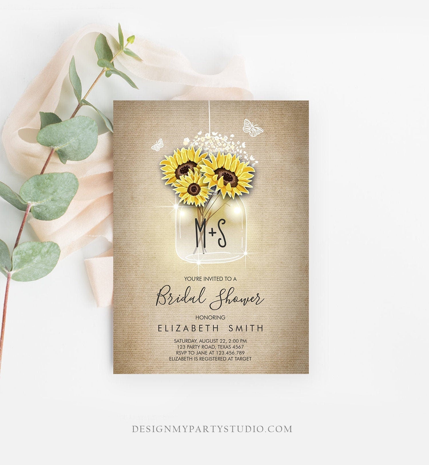 Editable Sunflowers Bridal Shower Invitation Rustic Sunflower Mason Jars Lights Butterfly Download Printable Template Corjl Digital 0116