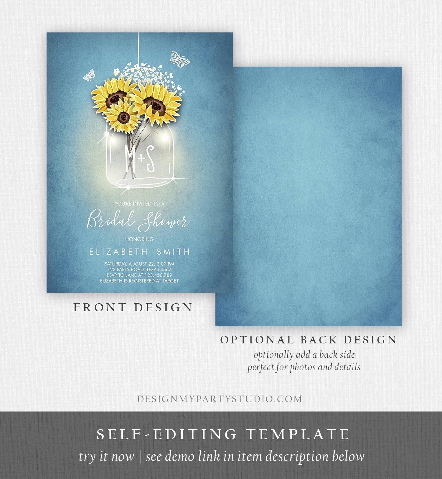 Editable Sunflowers Bridal Shower Invitation Rustic Sunflower Mason Jar Blue Spring Butterfly Download Printable Template Corjl Digital 0116