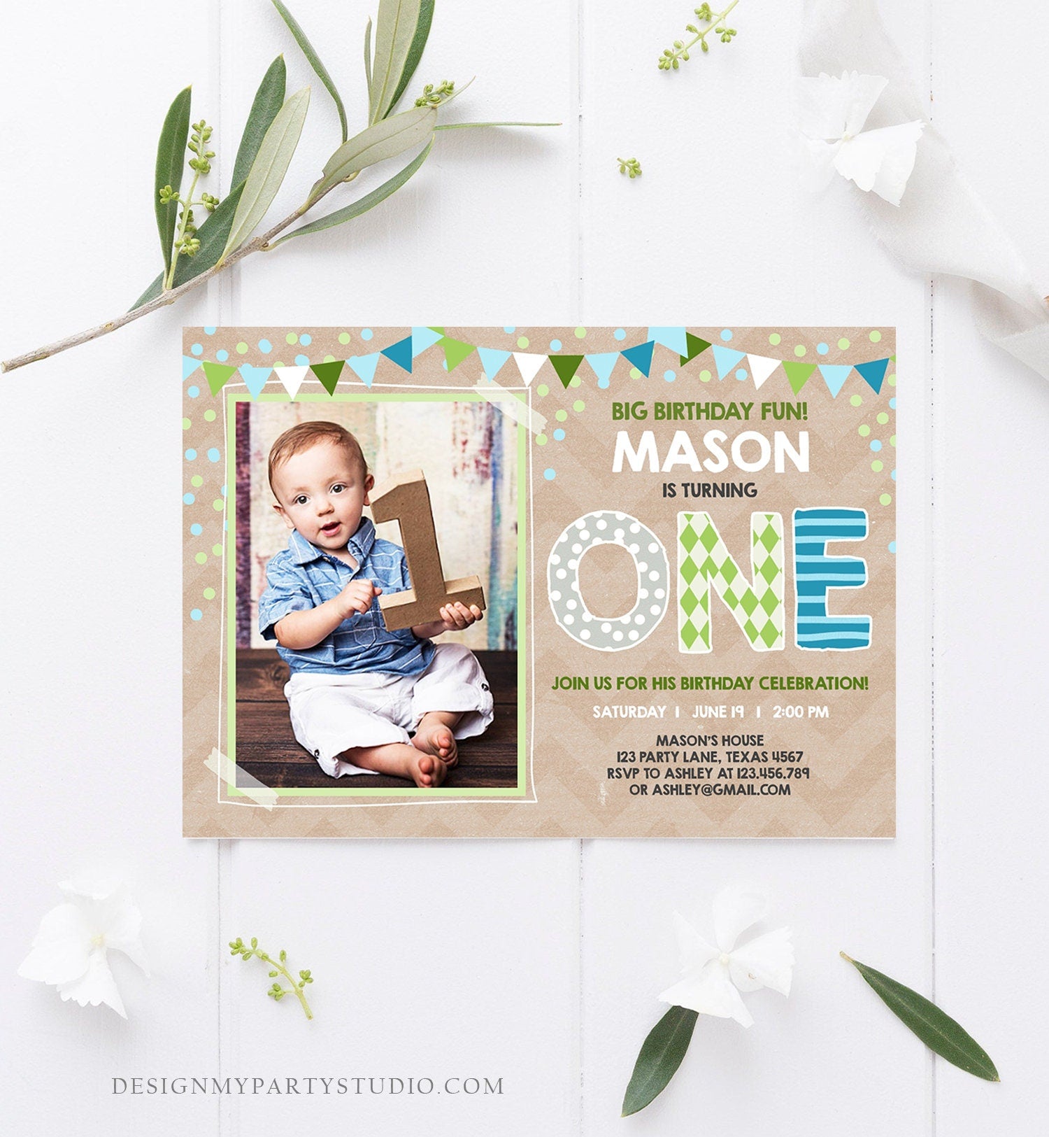 Editable Boy First Birthday Invitation One Green Blue Paper Chalk Confetti 1st Birthday Photo Digital Download Corjl Template Printable 0130