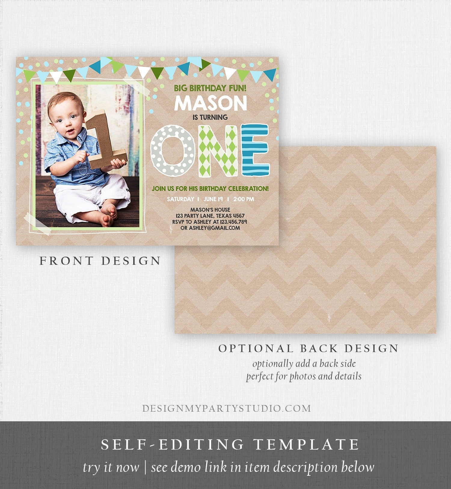 Editable Boy First Birthday Invitation One Green Blue Paper Chalk Confetti 1st Birthday Photo Digital Download Corjl Template Printable 0130