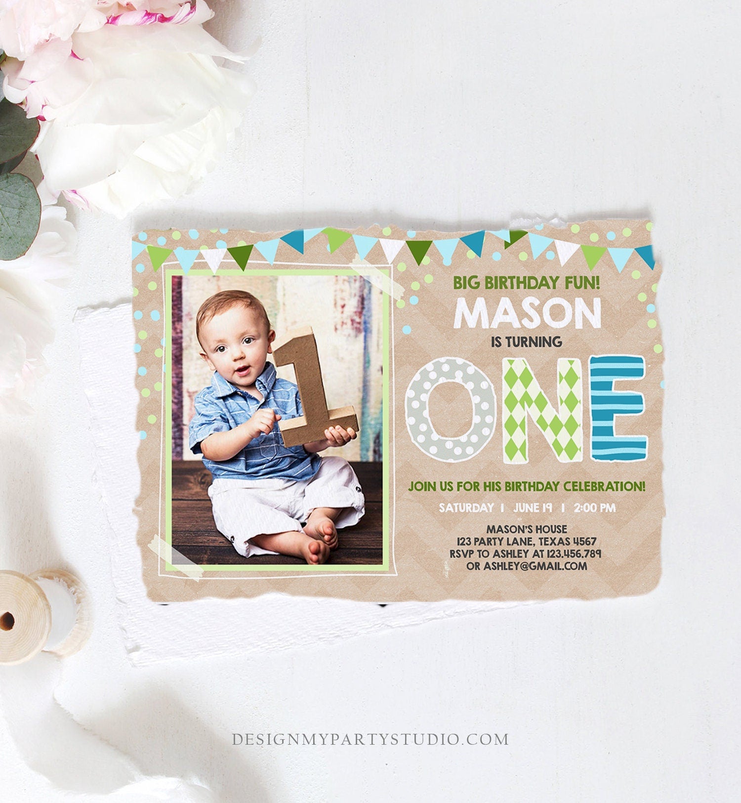 Editable Boy First Birthday Invitation One Green Blue Paper Chalk Confetti 1st Birthday Photo Digital Download Corjl Template Printable 0130