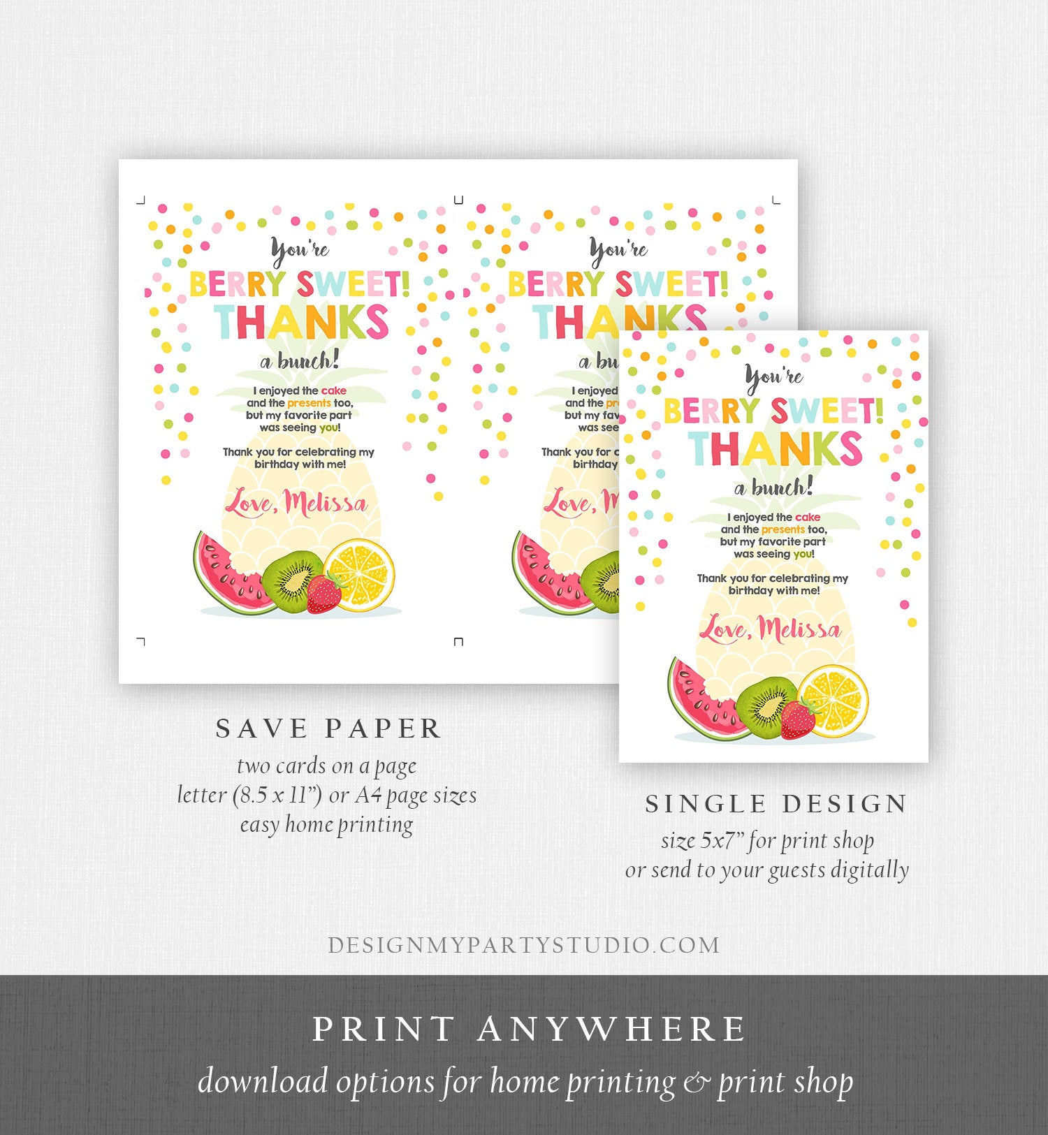 Editable Fruit Thank You Card Two-tti Frutti Party Birthday Pineapple Melon Orange Tutti Frutti  Download Printable Corjl Template 0205