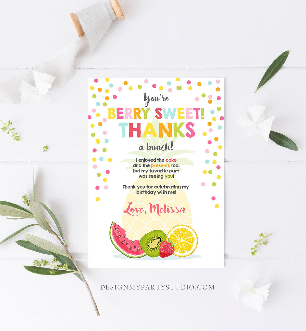 Editable Fruit Thank You Card Two-tti Frutti Party Birthday Pineapple Melon Orange Tutti Frutti  Download Printable Corjl Template 0205