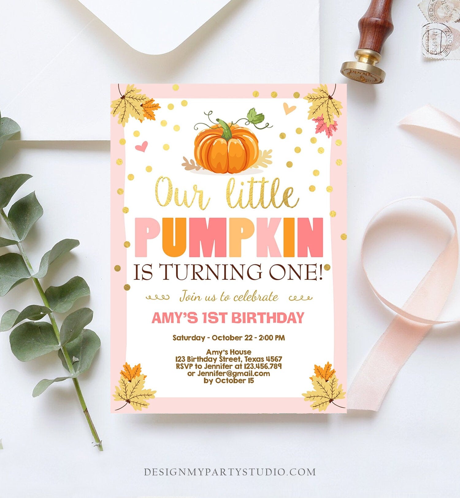 Editable Little Pumpkin Birthday Invitation Girl Pink Gold Pumpkin Party 1st Fall Autumn Party Download Printable Template Corjl 0055