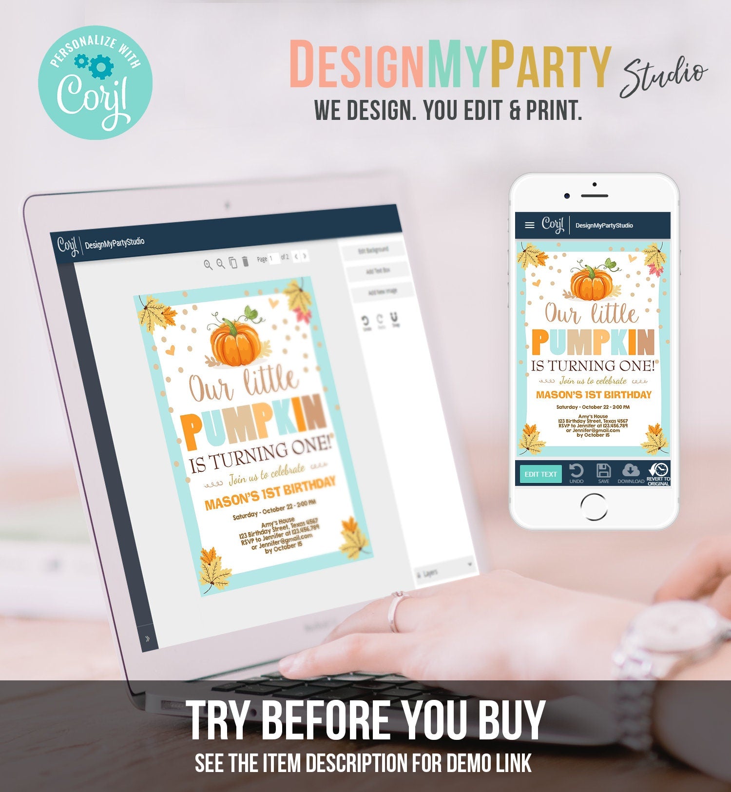 Editable Little Pumpkin Birthday Invitation Boy Blue Pumpkin Party 1st Birthday Fall Autumn Party Download Printable Template Corjl 0055