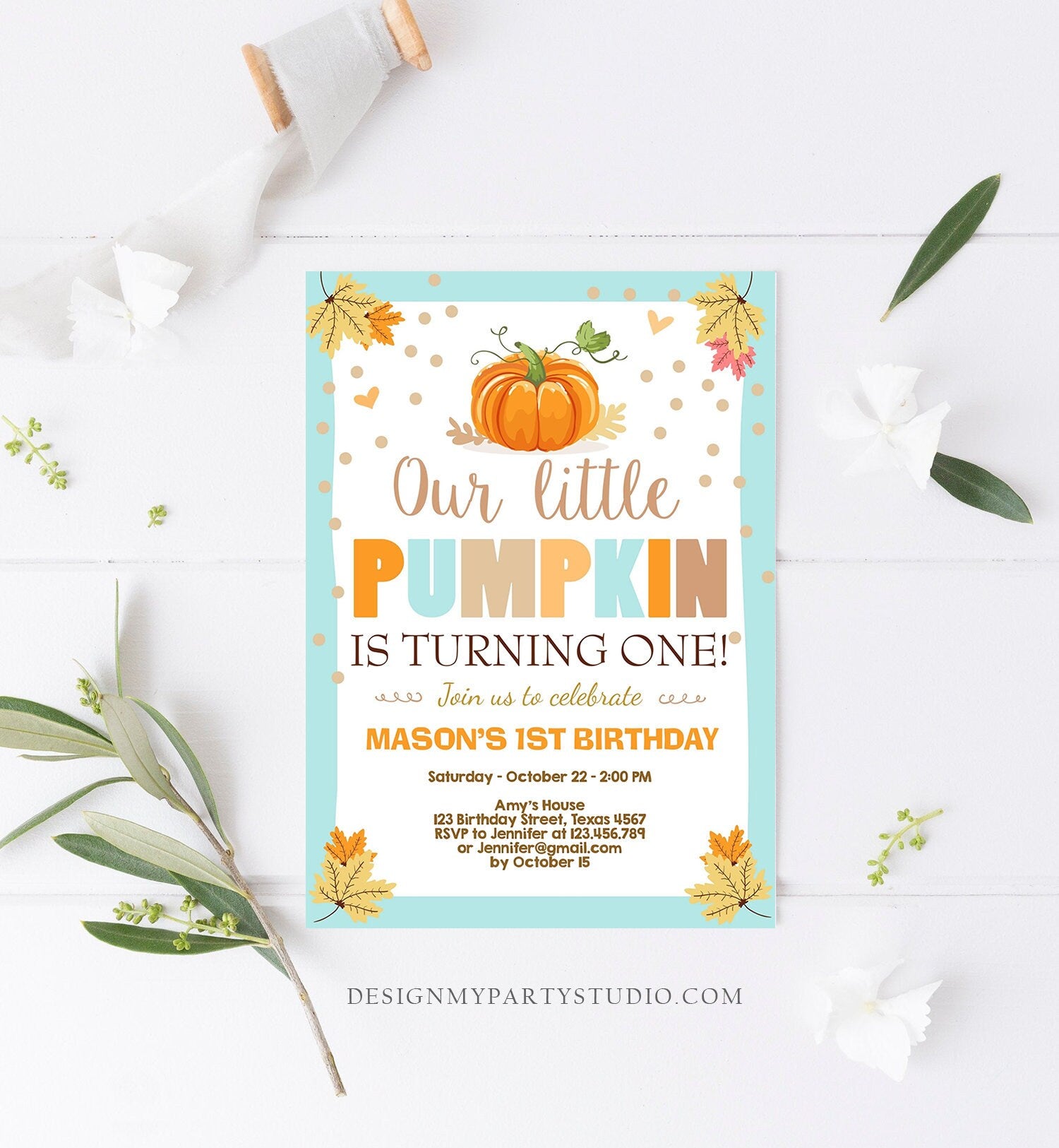 Editable Little Pumpkin Birthday Invitation Boy Blue Pumpkin Party 1st Birthday Fall Autumn Party Download Printable Template Corjl 0055