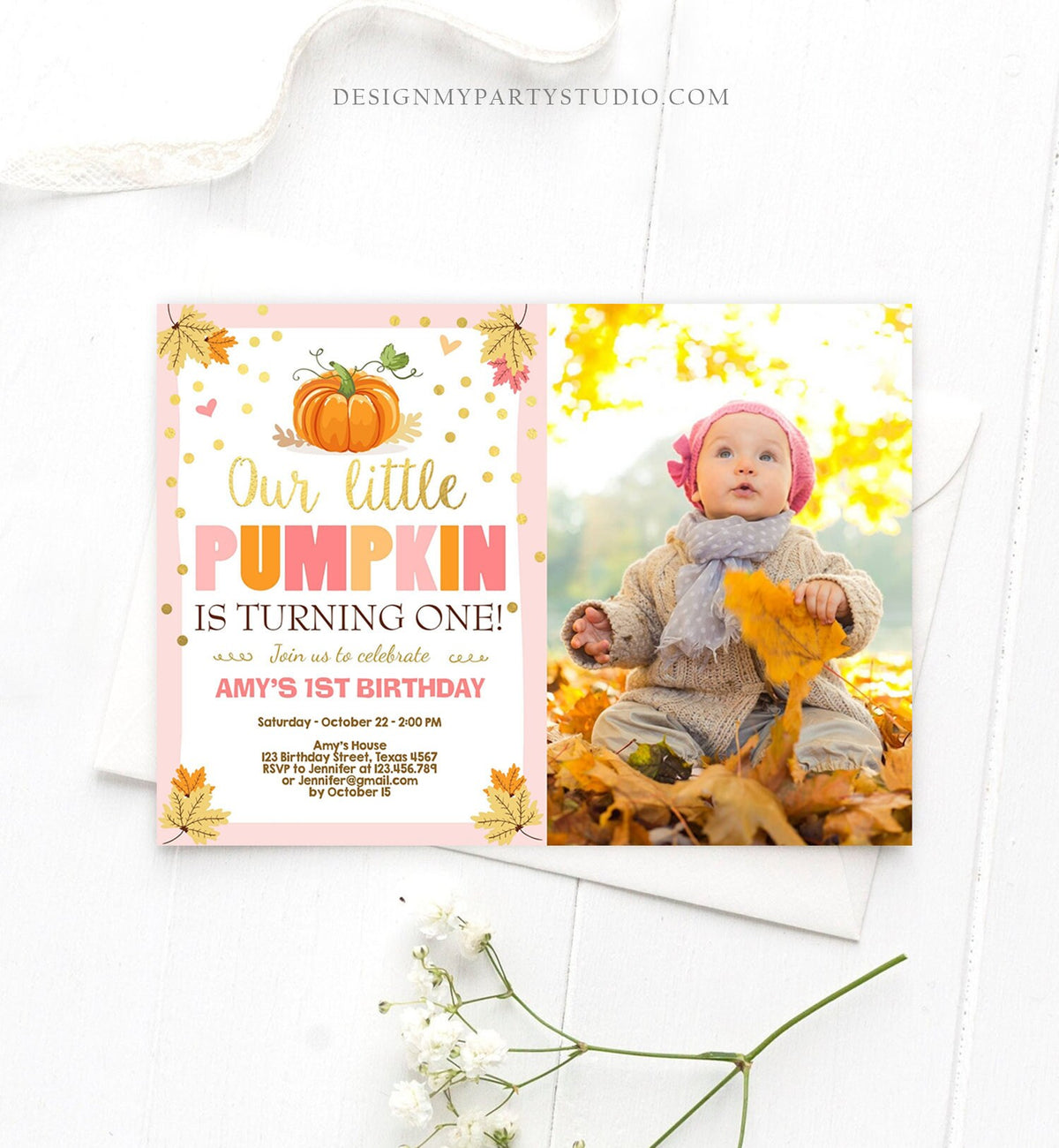 Editable Little Pumpkin Birthday Invitation Girl Pink Gold Pumpkin Party 1st Fall Autumn Party Download Printable Template Corjl 0055