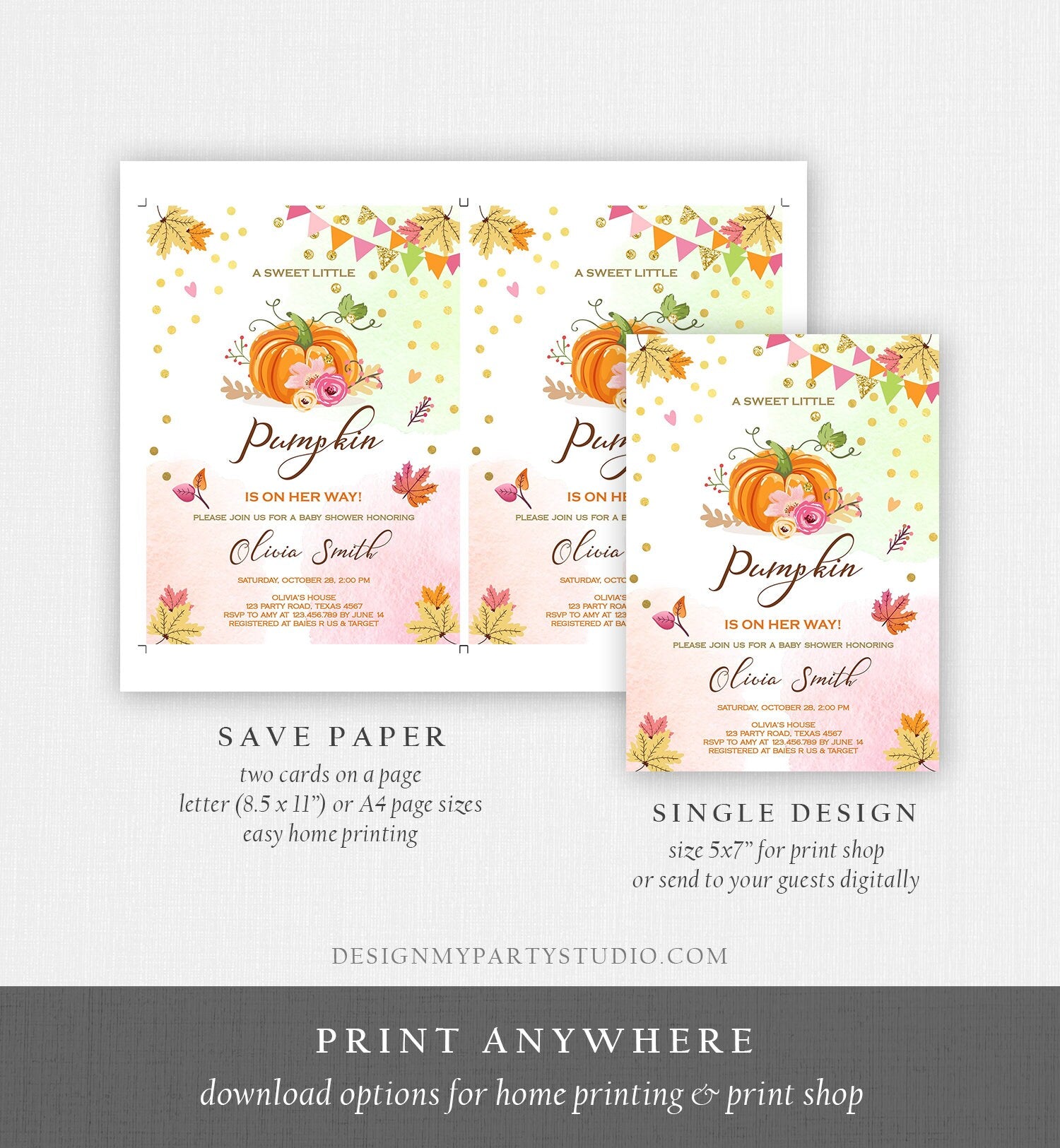 Editable Pumpkin Baby Shower invitation Rustic Pink and Gold Girl Shower Autumn Fall Shower Template Instant Download Digital Corjl 0056