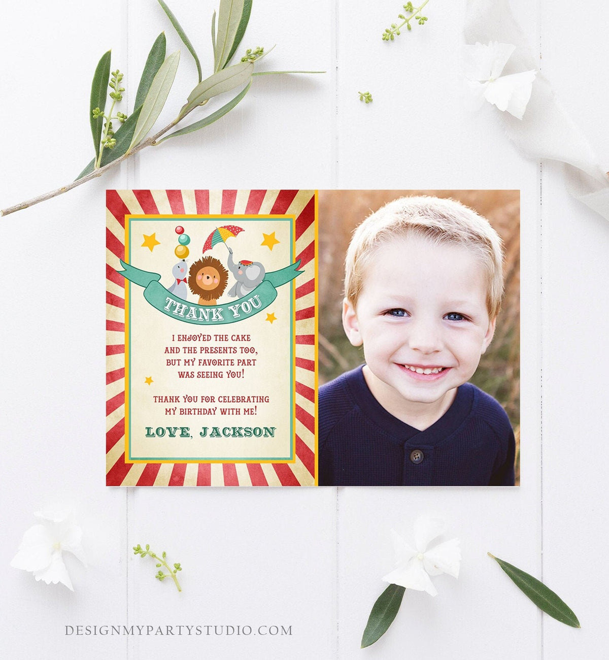 Editable Circus Carnival Thank You Card Vintage Festival Circus Big Fair Red Boy Girl Instant Download Printable Template Corjl Digital 0013