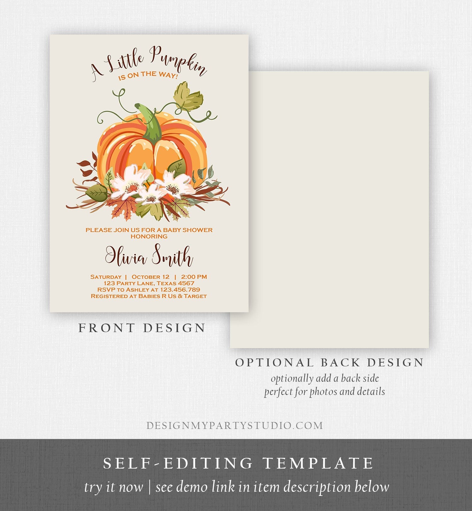 Editable Pumpkin Baby Shower invitation Rustic Gender Neutral Brown Shower Autumn Fall Invitation Template Download Digital Corjl 0049