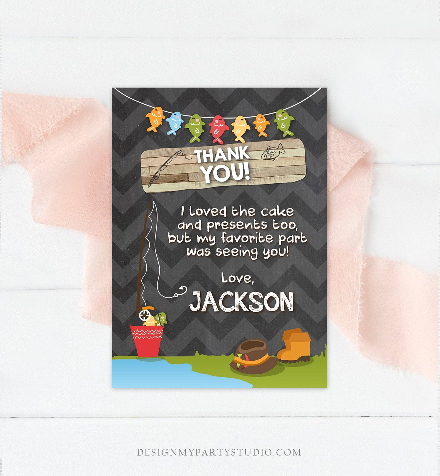 Editable Fishing Thank You Card Boy Birthday o-Fish-Ally Wood 1st First Birthday Gone Fishing Digital Download Printable Corjl Template 0080