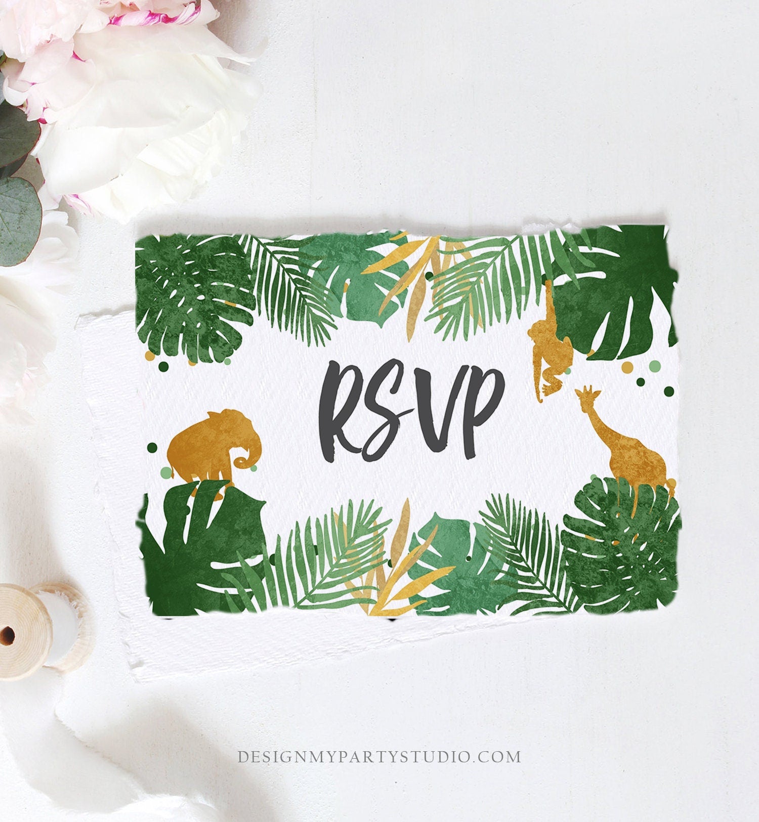 Editable RSVP Card Safari Animals Wild One Boy Birthday Party Jungle Wild Animals Black Gold Response Postcard Corjl Template Printable 0016