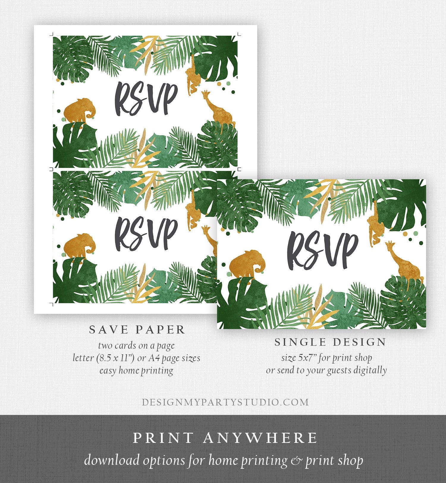 Editable RSVP Card Safari Animals Wild One Boy Birthday Party Jungle Wild Animals Black Gold Response Postcard Corjl Template Printable 0016