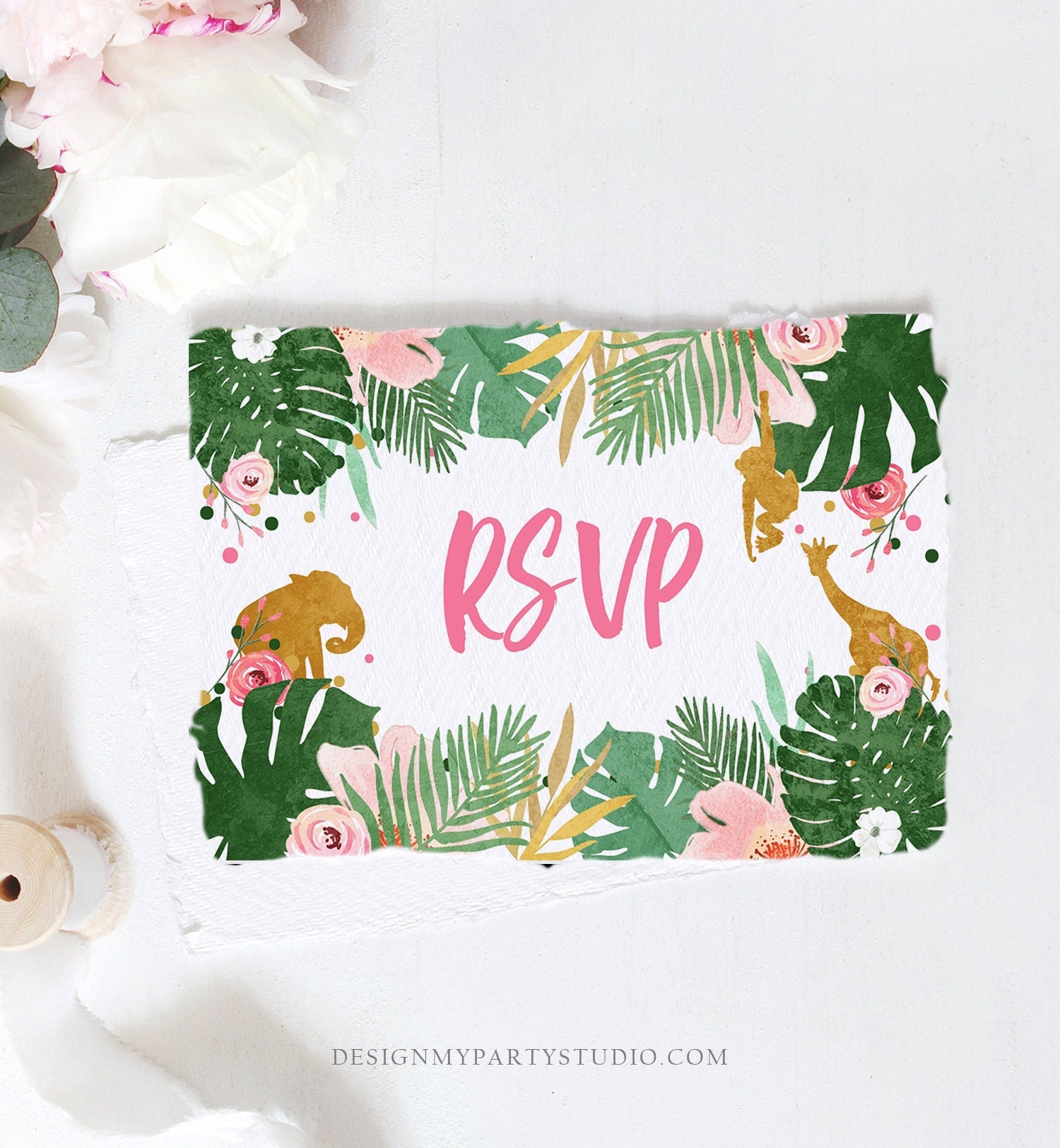 Editable RSVP Card Safari Animals Wild One Girl Birthday Party Jungle Wild Animals Pink Gold Response Postcard Corjl Template Printable 0016