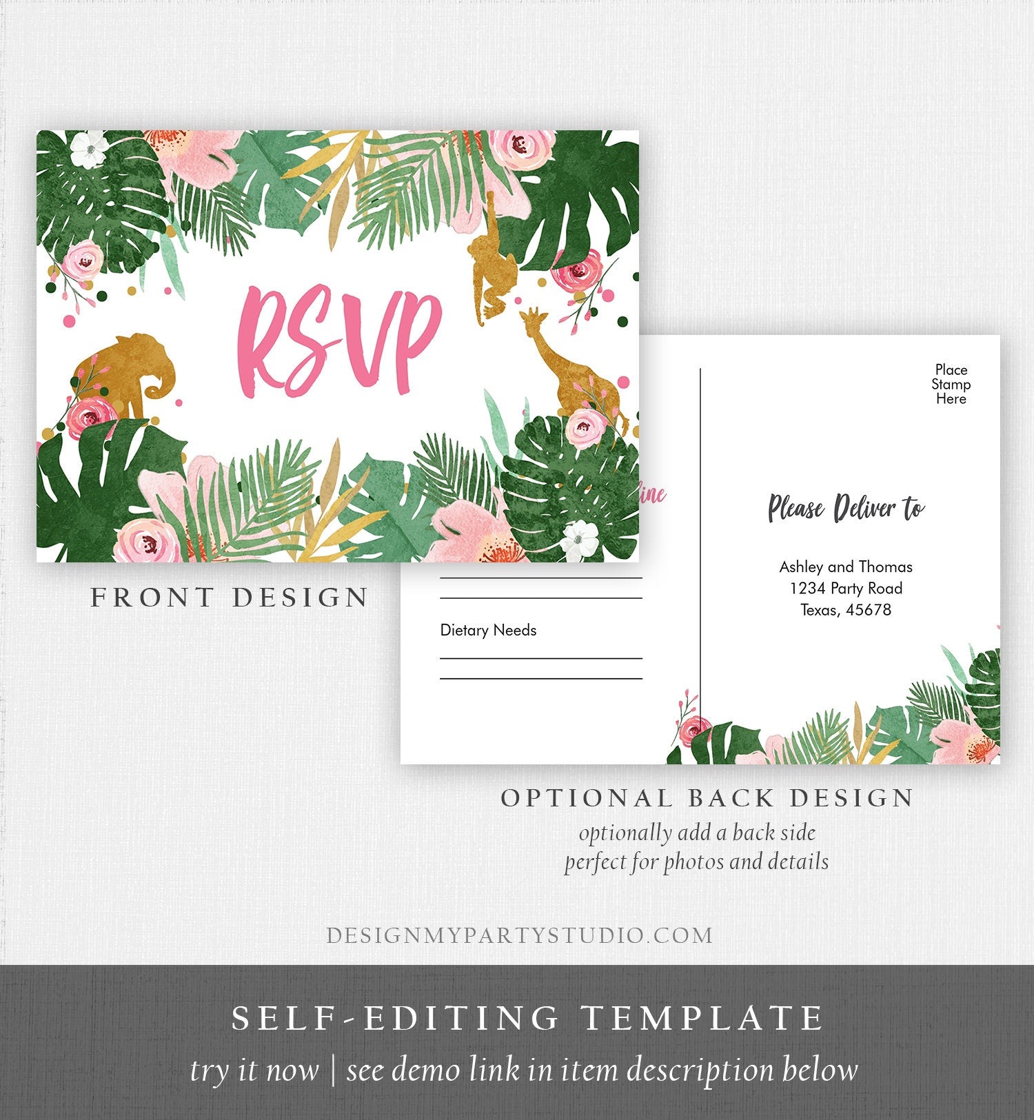 Editable RSVP Card Safari Animals Wild One Girl Birthday Party Jungle Wild Animals Pink Gold Response Postcard Corjl Template Printable 0016