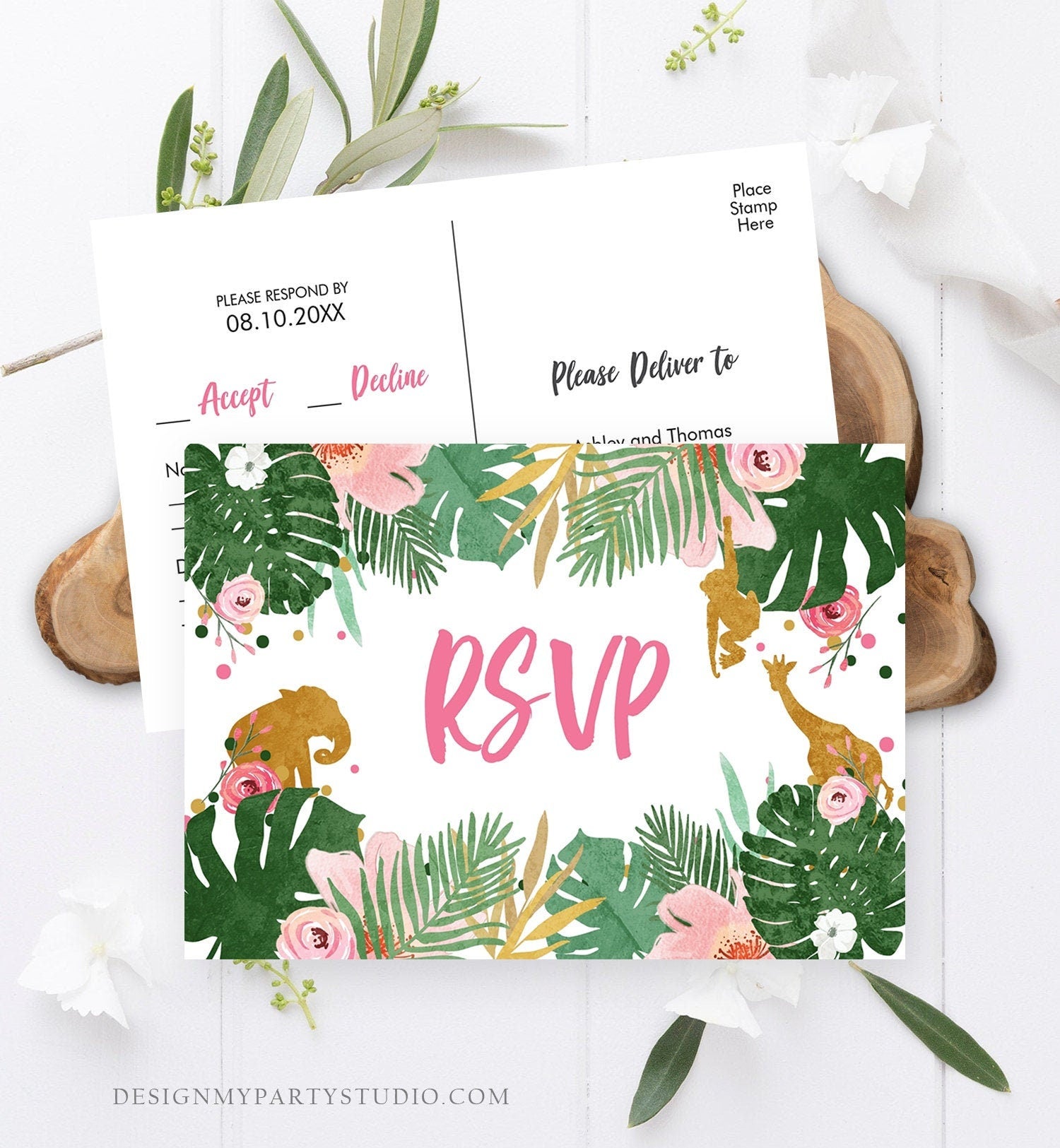 Editable RSVP Card Safari Animals Wild One Girl Birthday Party Jungle Wild Animals Pink Gold Response Postcard Corjl Template Printable 0016