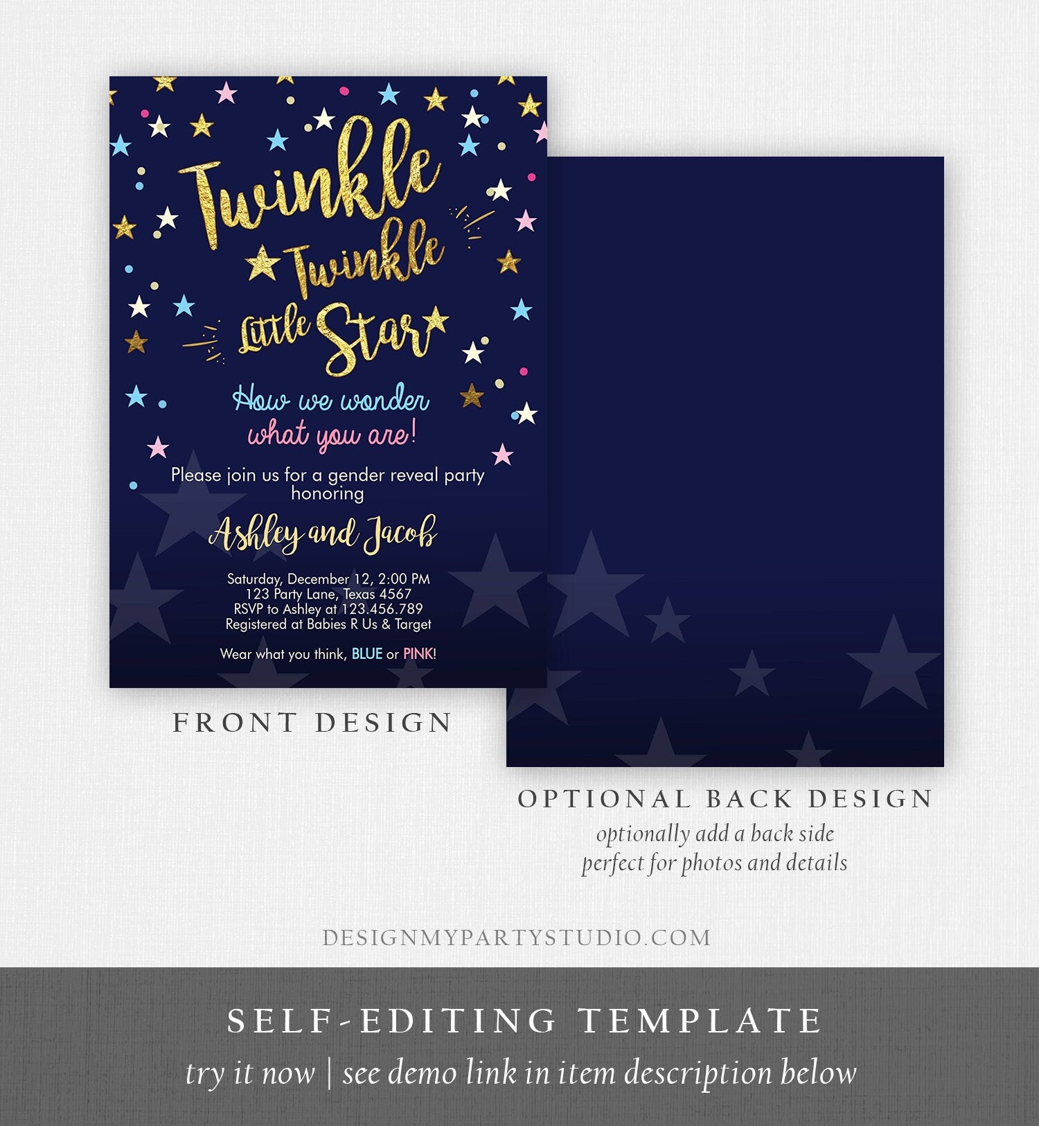 Editable Gender Reveal Invitation Baby Shower Twinkle Twinkle Little Star Blue or Pink He or She Gold Pink Blue Download Corjl Template 0235