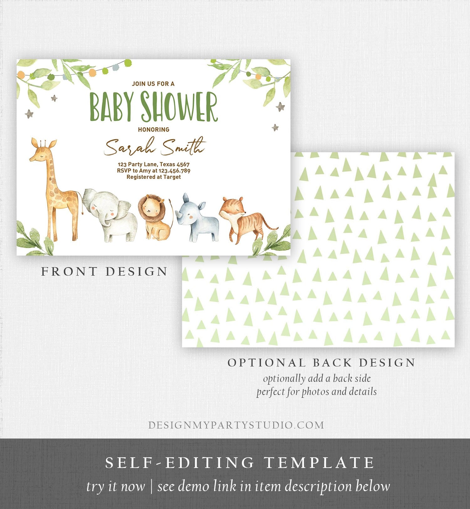 Editable Baby Shower Invitation Jungle Safari Animals Baby Shower Invite Gender Neutral Rustic Wild Download Printable Template Corjl 0164