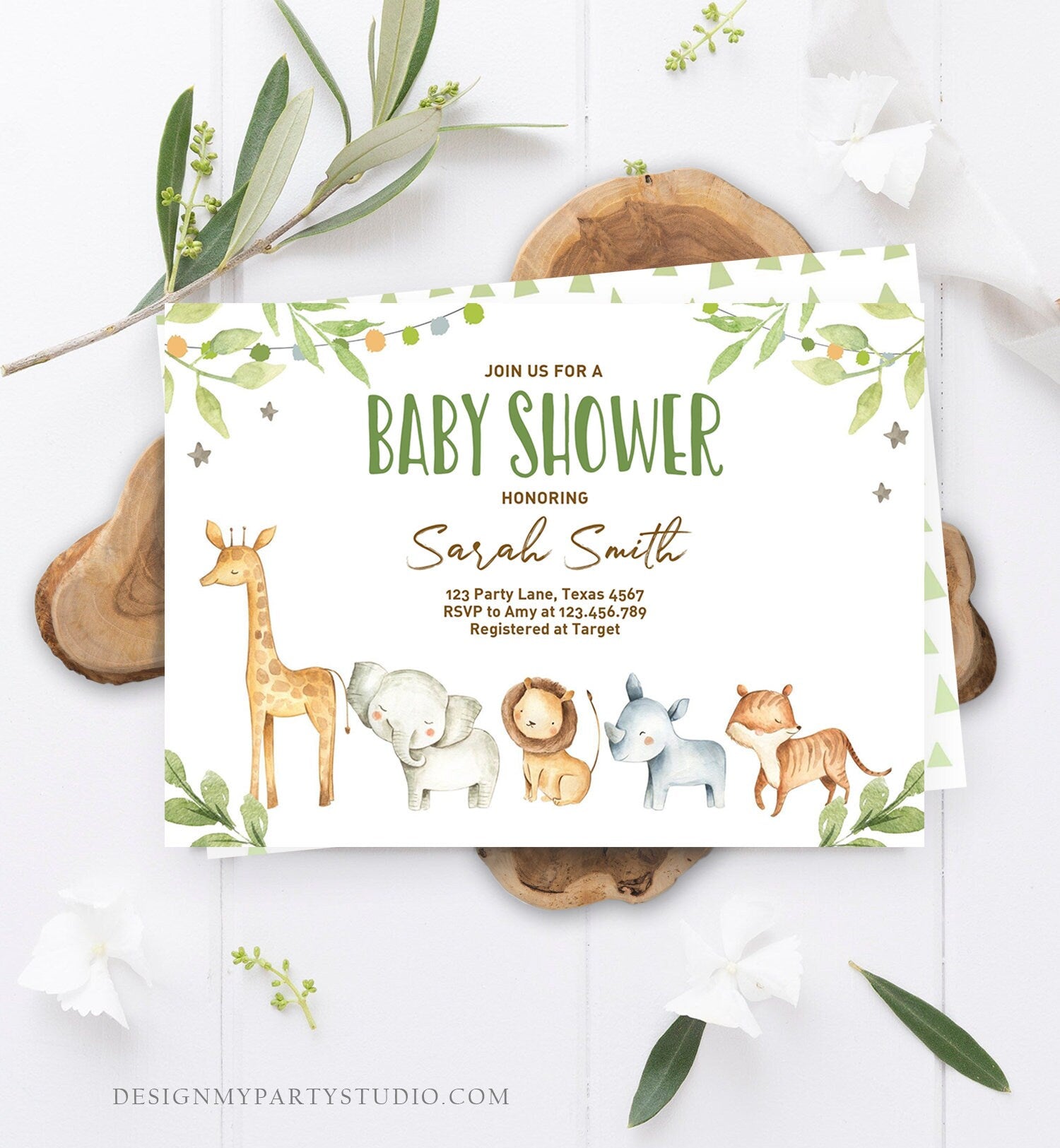 Editable Baby Shower Invitation Jungle Safari Animals Baby Shower Invite Gender Neutral Rustic Wild Download Printable Template Corjl 0164